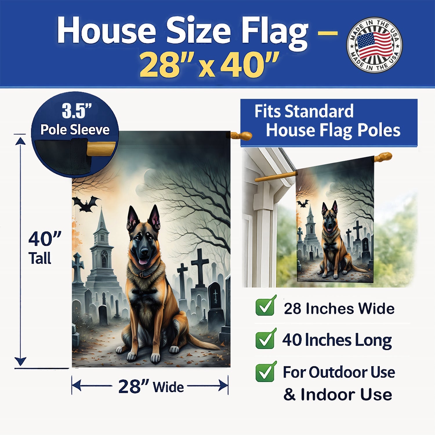 Belgian Malinois Spooky Halloween House Flag 28x40 Porch Sleeve Pole Decorative Outside Yard Banner Artwork Wall Hanging, Polyester