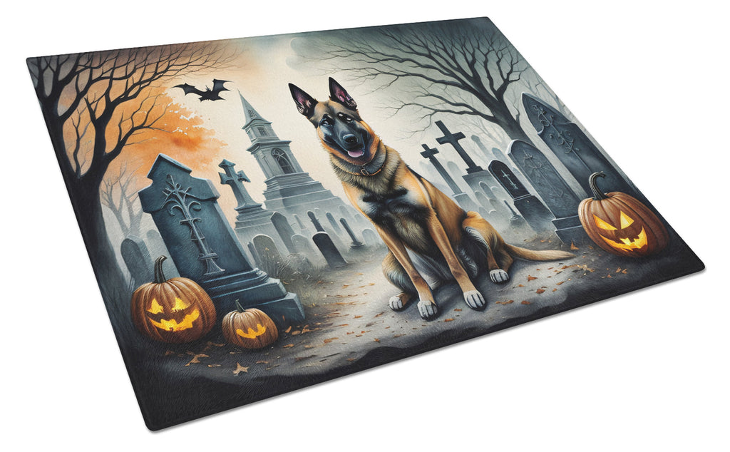 Belgian Malinois Spooky Halloween Cutting Board Tempered Glass Kitchen Cutting Surface, Heat Resistant Chopping, Non-Slip Feet, Food Prep & Serving