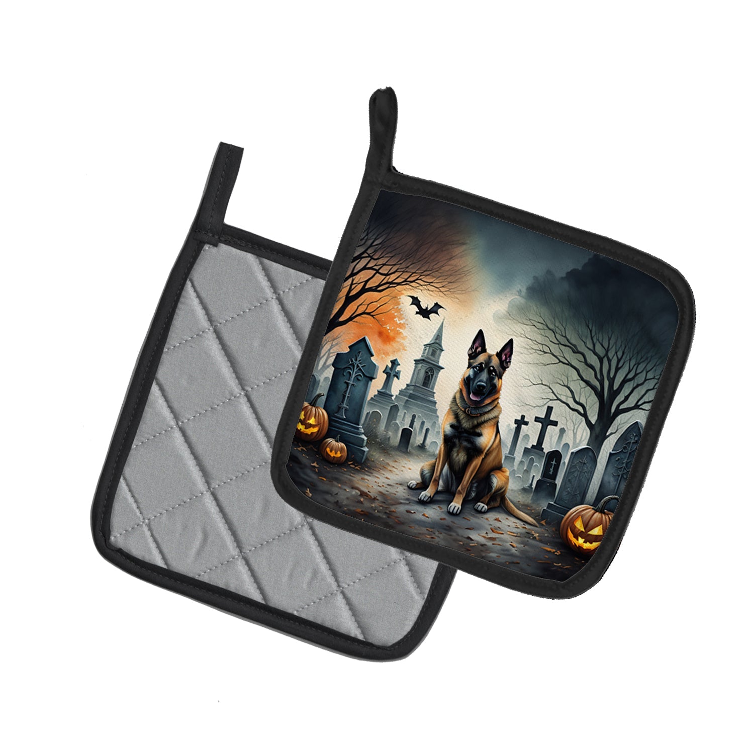 Belgian Malinois Spooky Halloween Pot Holder Set of 2 Heat Resistant Quilted Hot Pads 7.5 x 7.5 Inch, Insulated Kitchen Trivets for Cooking & Baking