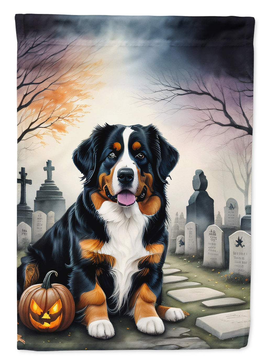 Bernese Mountain Dog Spooky Halloween House Flag 28x40 Porch Sleeve Pole Decorative Outside Yard Banner Artwork Wall Hanging, Polyester