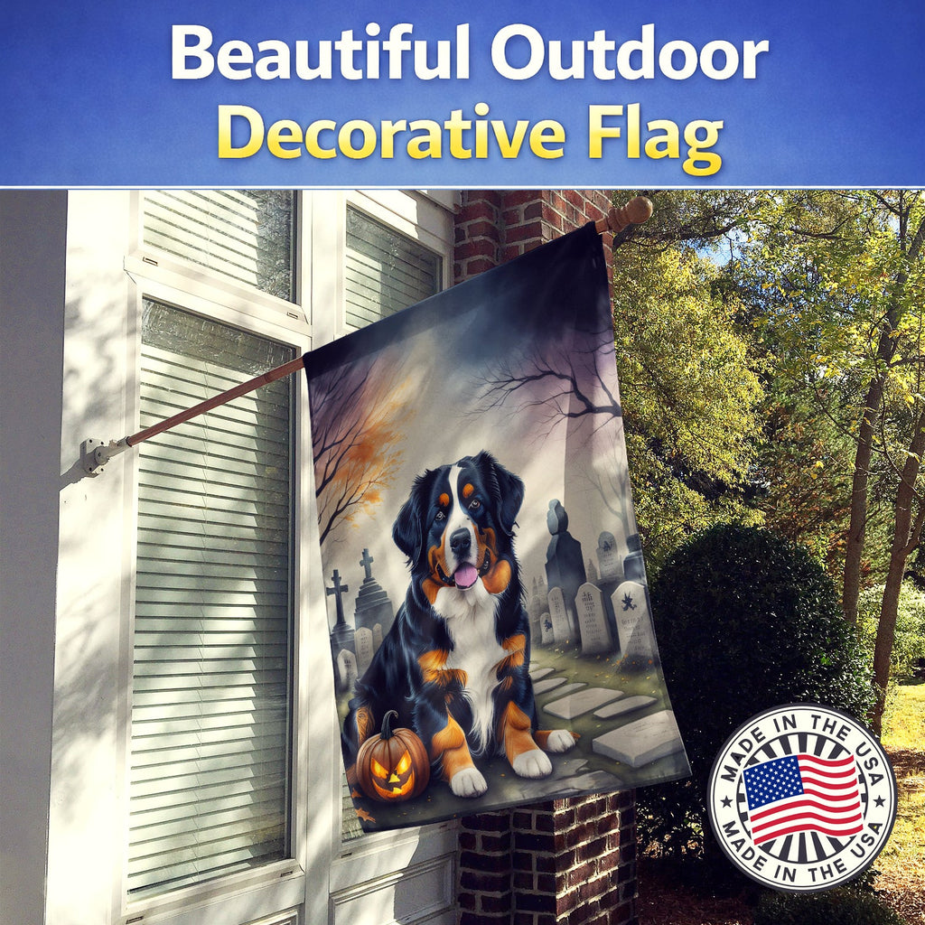 Bernese Mountain Dog Spooky Halloween House Flag 28x40 Porch Sleeve Pole Decorative Outside Yard Banner Artwork Wall Hanging, Polyester