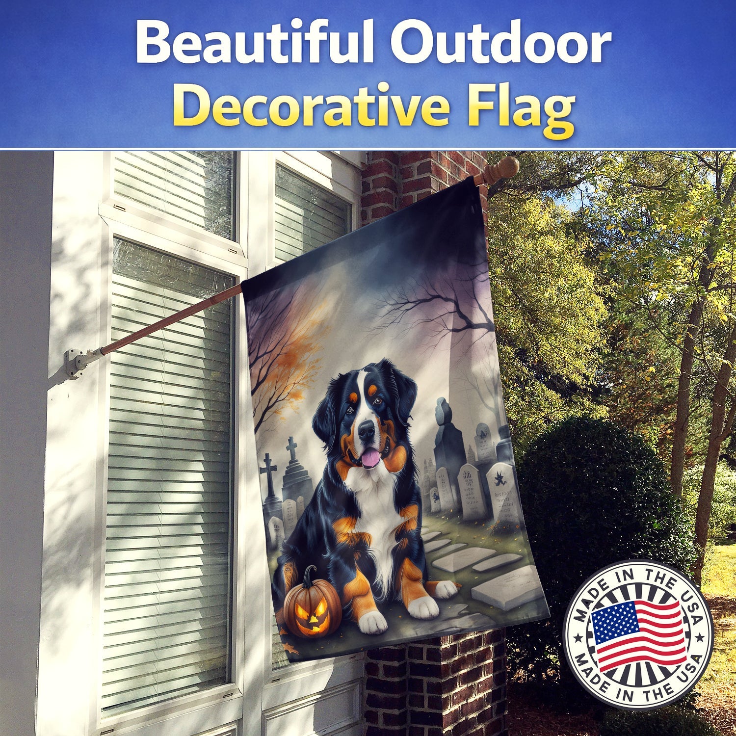 Bernese Mountain Dog Spooky Halloween House Flag 28x40 Porch Sleeve Pole Decorative Outside Yard Banner Artwork Wall Hanging, Polyester