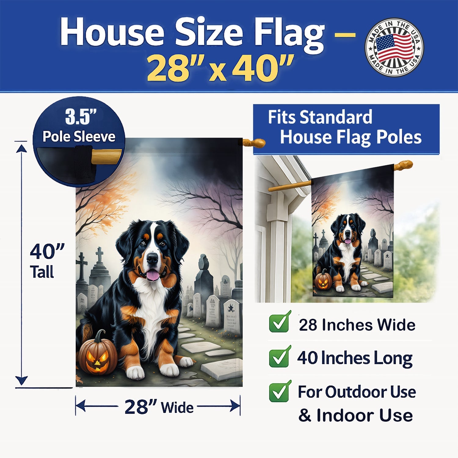 Bernese Mountain Dog Spooky Halloween House Flag 28x40 Porch Sleeve Pole Decorative Outside Yard Banner Artwork Wall Hanging, Polyester
