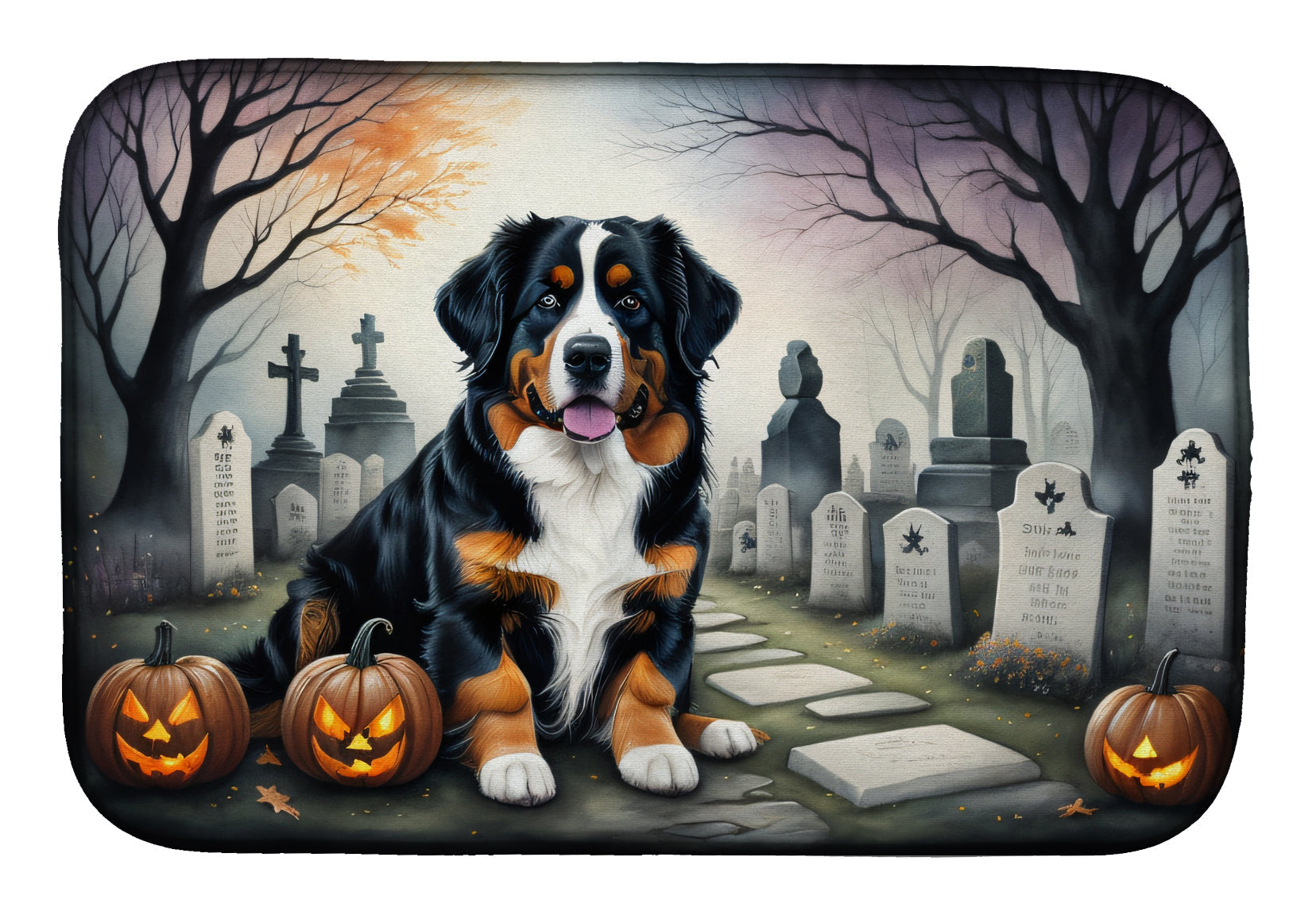 Bernese Mountain Dog Spooky Halloween Dish Drying Mat Absorbent Dish Drying Mat Pad for Kitchen Counter Dish Drainer Mat for Countertop, 14 x 21", Multicolor