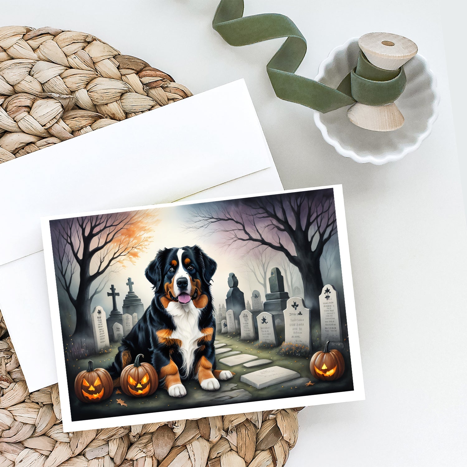Bernese Mountain Dog Spooky Halloween Greeting Cards Pack of 8 Blank Cards with Envelopes Whimsical A7 Size 5x7