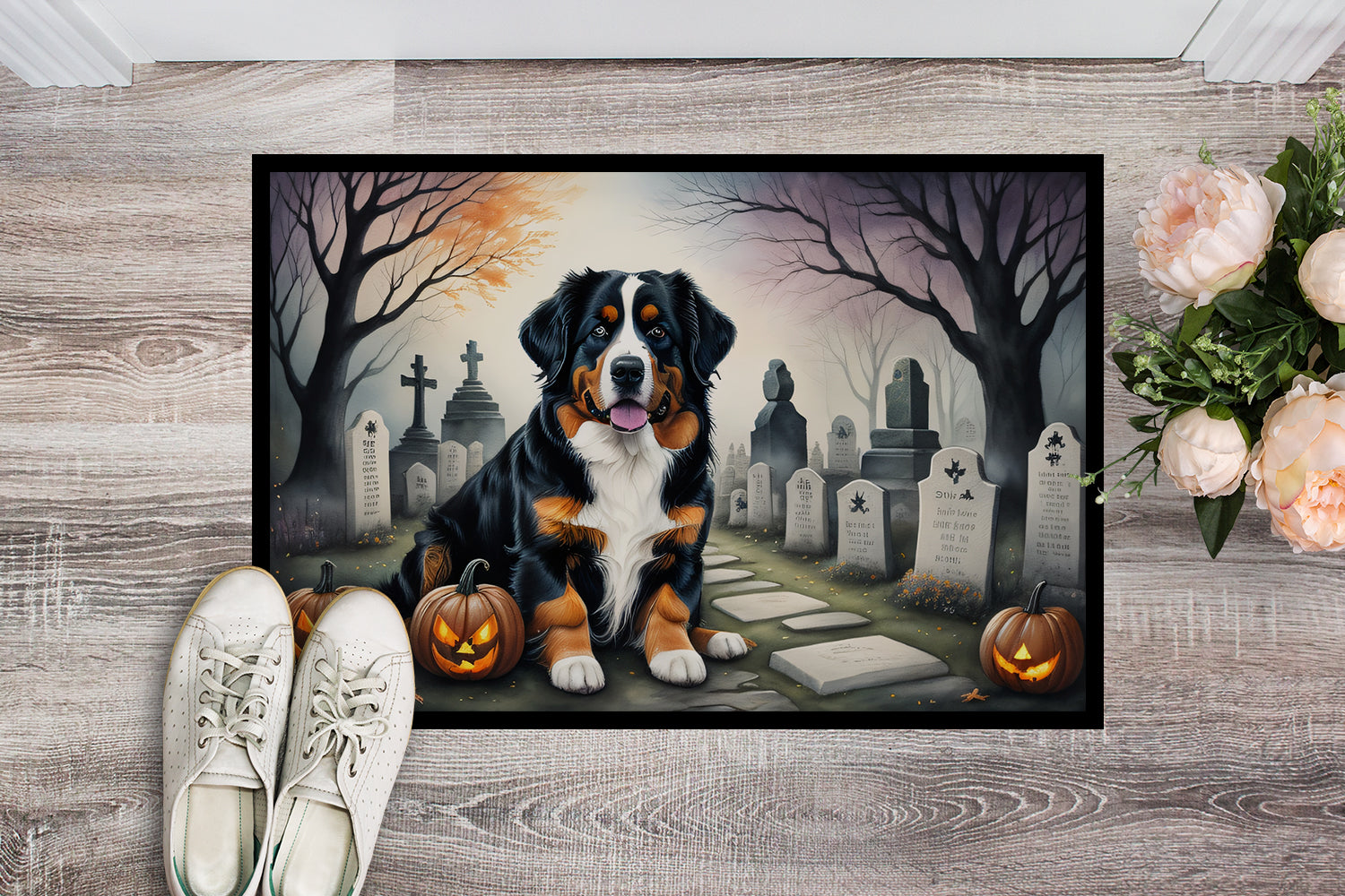 Bernese Mountain Dog Spooky Halloween Doormat Indoor Outdoor 24H X 36W Front Door Mat Rugs for Entryway, Non Slip Washable Low Pile,