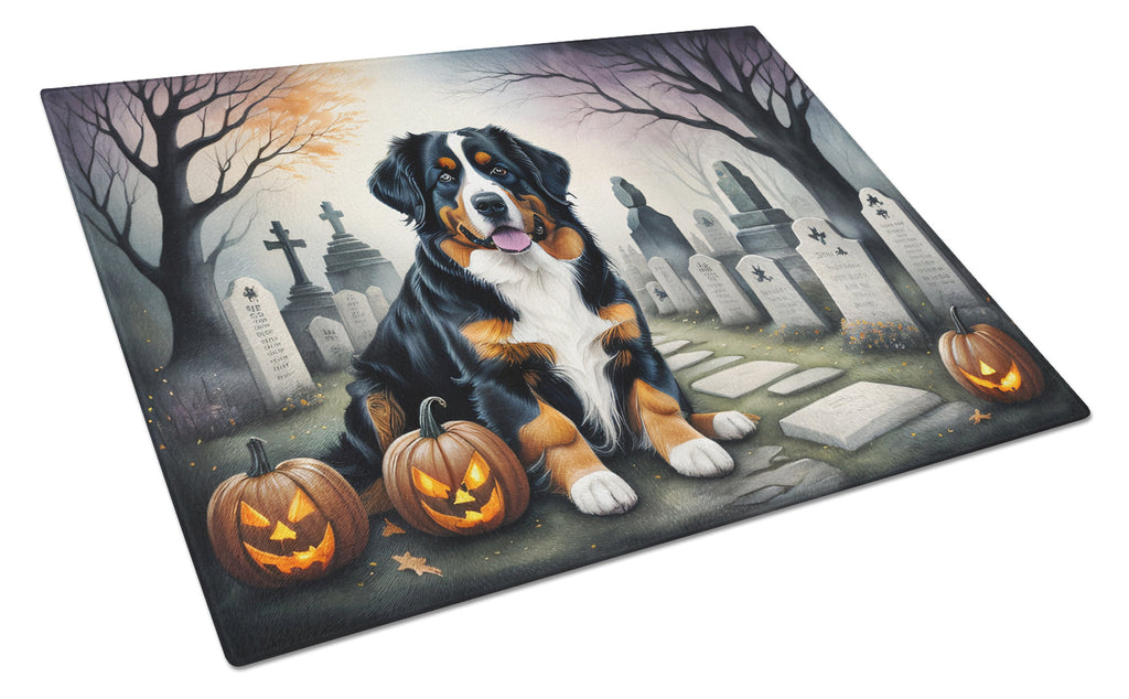 Bernese Mountain Dog Spooky Halloween Cutting Board Tempered Glass Kitchen Cutting Surface, Heat Resistant Chopping, Non-Slip Feet, Food Prep & Serving