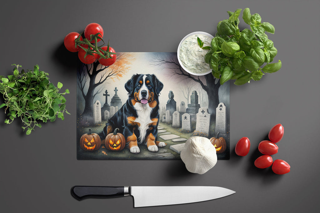 Bernese Mountain Dog Spooky Halloween Cutting Board Tempered Glass Kitchen Cutting Surface, Heat Resistant Chopping, Non-Slip Feet, Food Prep & Serving