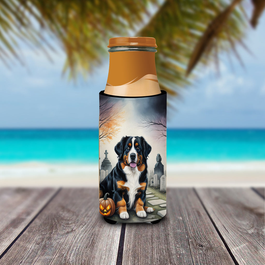 Bernese Mountain Dog Spooky Halloween Slim Can Hugger , Insulated Foam Hugger for 12 oz Slim Cans, Beer Bottles & Water Bottles, Printed in USA