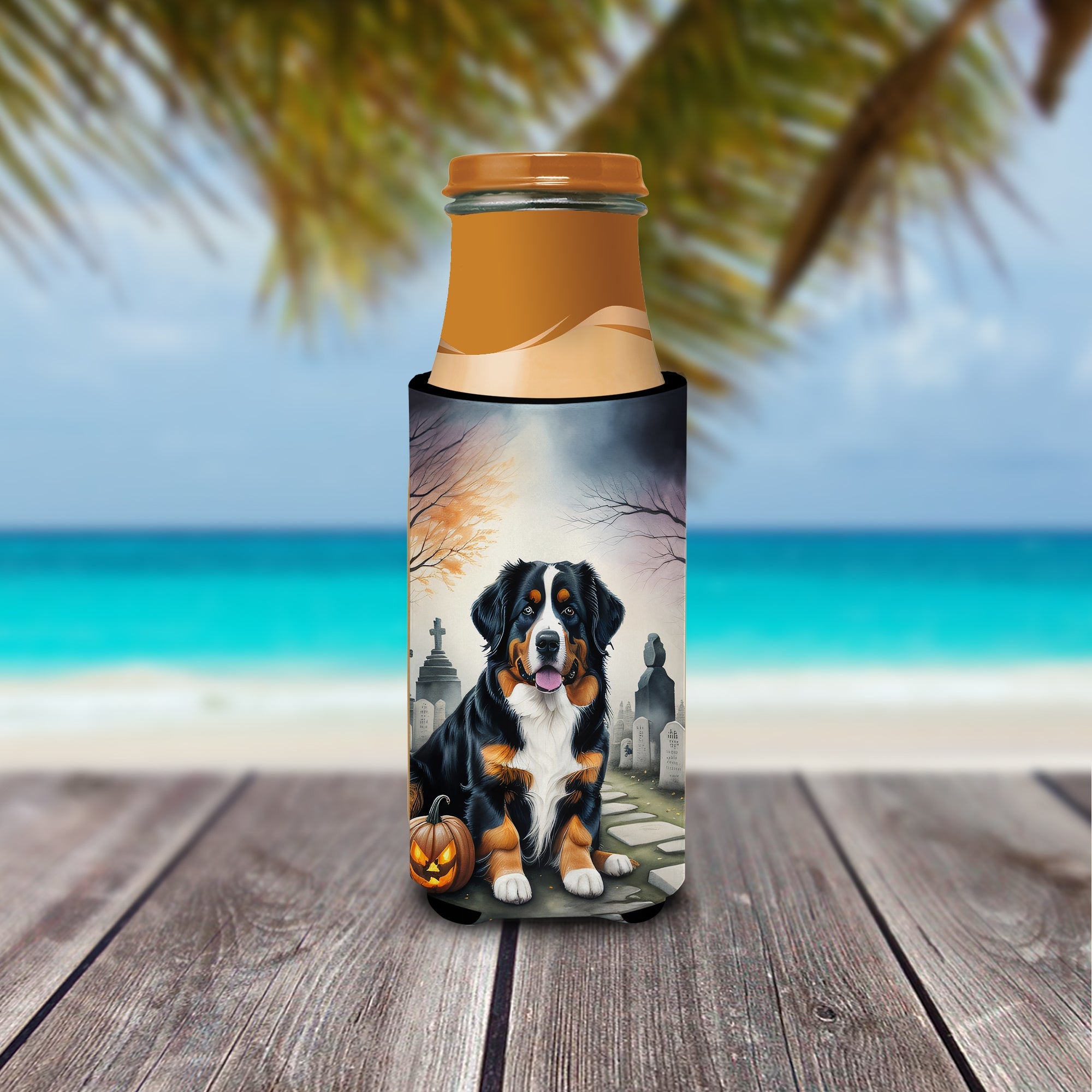 Bernese Mountain Dog Spooky Halloween Slim Can Hugger , Insulated Foam Hugger for 12 oz Slim Cans, Beer Bottles & Water Bottles, Printed in USA