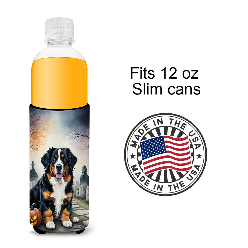 Bernese Mountain Dog Spooky Halloween Slim Can Hugger , Insulated Foam Hugger for 12 oz Slim Cans, Beer Bottles & Water Bottles, Printed in USA