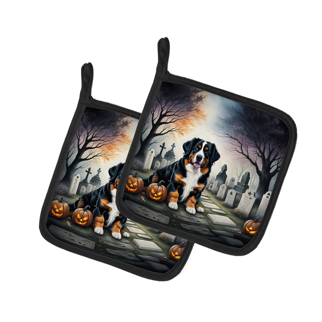 Bernese Mountain Dog Spooky Halloween Pot Holder Set of 2 Heat Resistant Quilted Hot Pads 7.5 x 7.5 Inch, Insulated Kitchen Trivets for Cooking & Baking