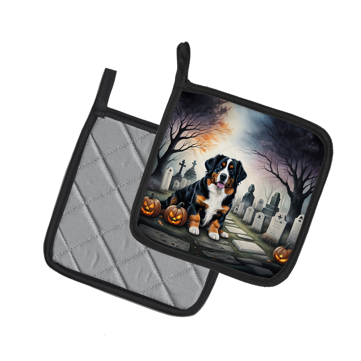 Bernese Mountain Dog Spooky Halloween Pot Holder Set of 2 Heat Resistant Quilted Hot Pads 7.5 x 7.5 Inch, Insulated Kitchen Trivets for Cooking & Baking
