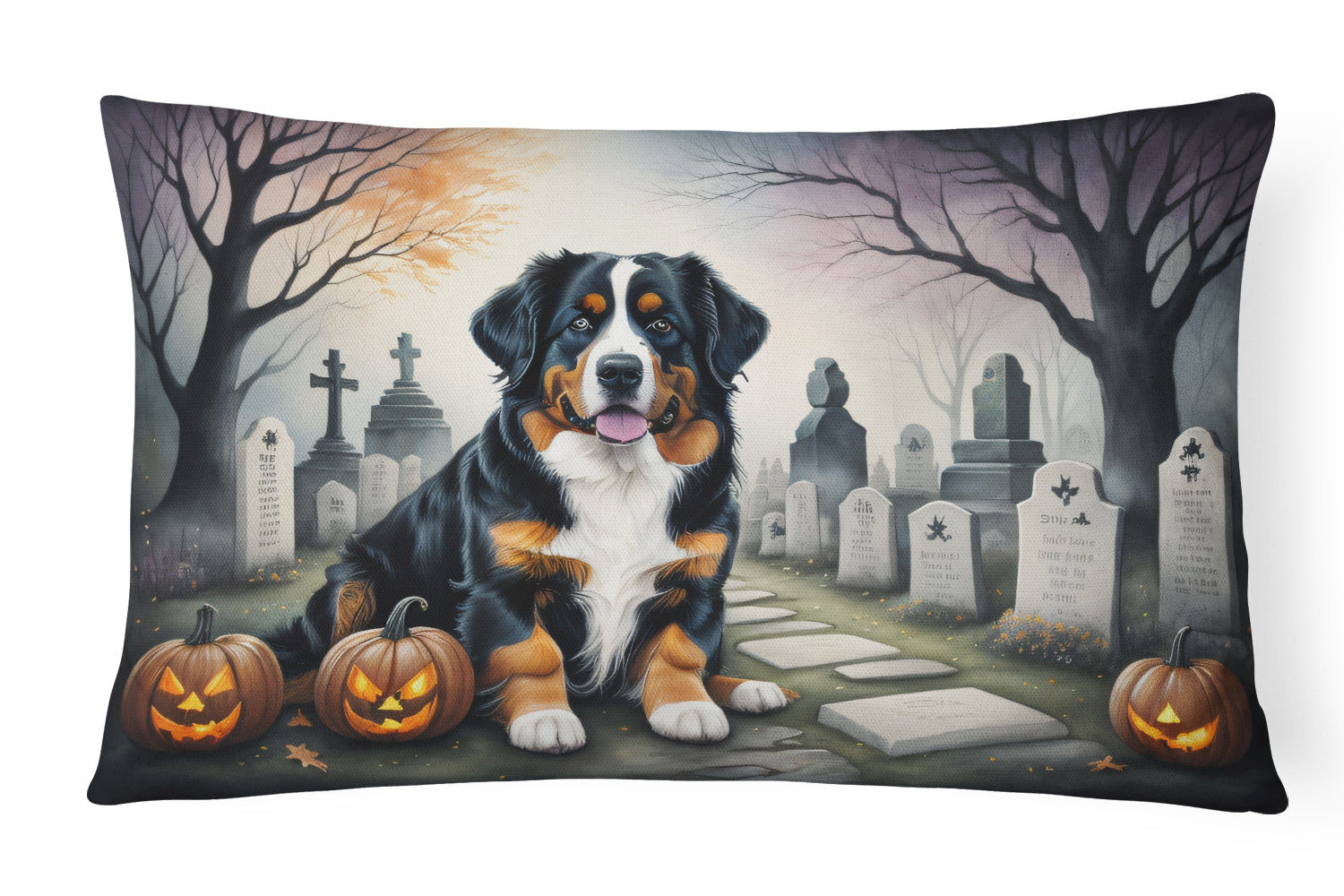 Bernese Mountain Dog Spooky Halloween Decorative Throw Pillow 12x16 Indoor Outdoor Accent Cushion, Fabric Cover with Insert for Sofa, Bed, Porch & Living Room