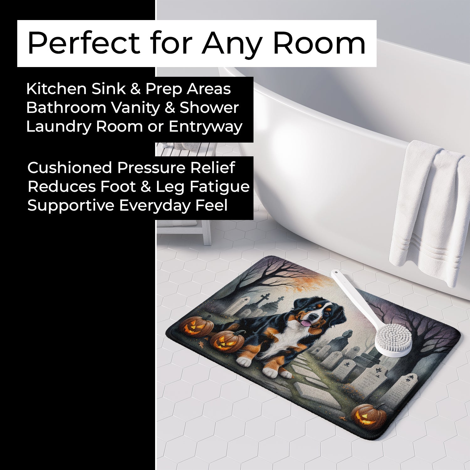 Bernese Mountain Dog Spooky Halloween Memory Foam Kitchen Mat Machine Washable Anti-Fatigue Cushion Comfort Bath or Kitchen Rug