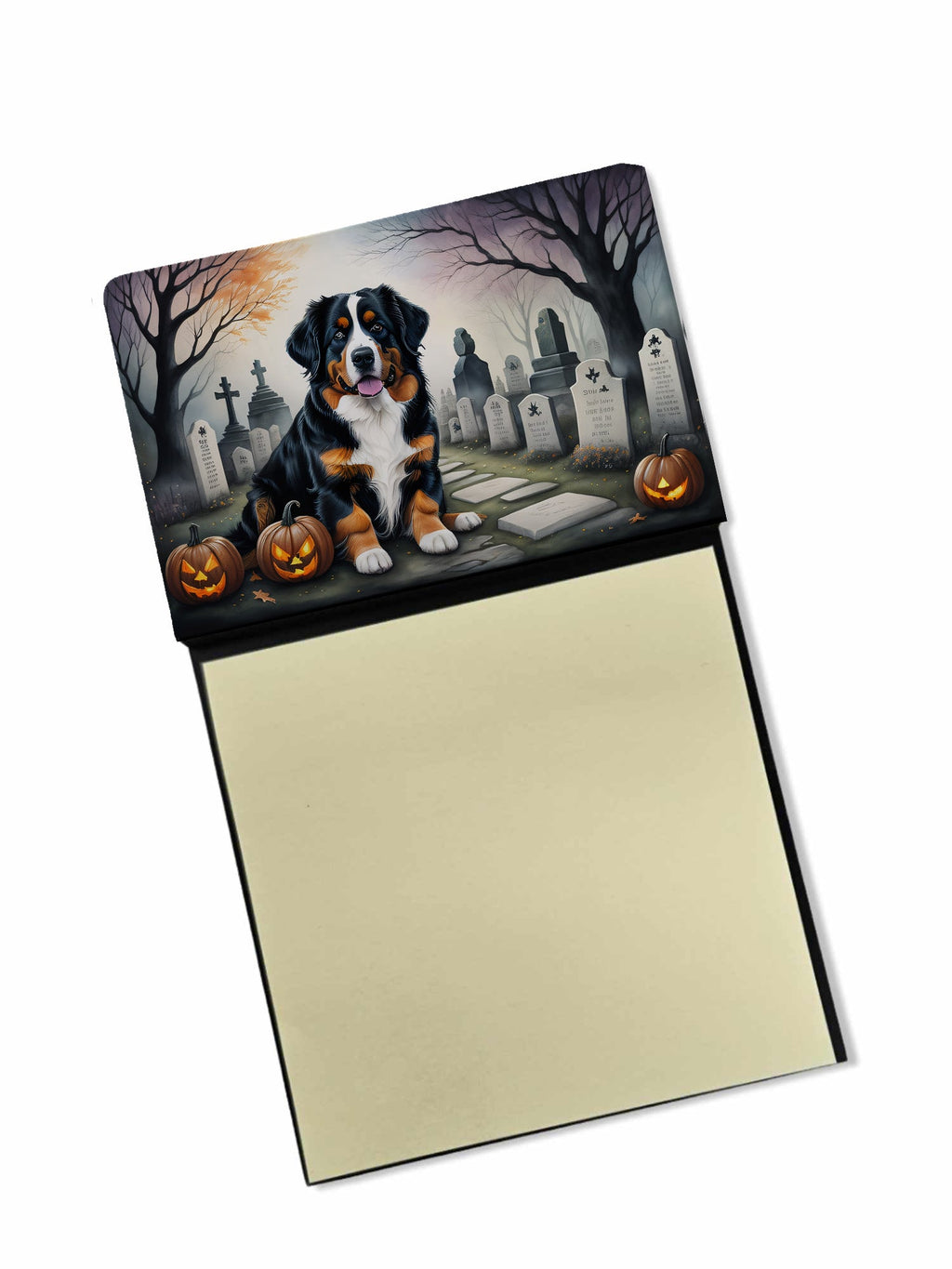Bernese Mountain Dog Spooky Halloween Watercolor Sticky Note Holder Refillable Dispenser Desk Accessory 3x3 Pad Gift