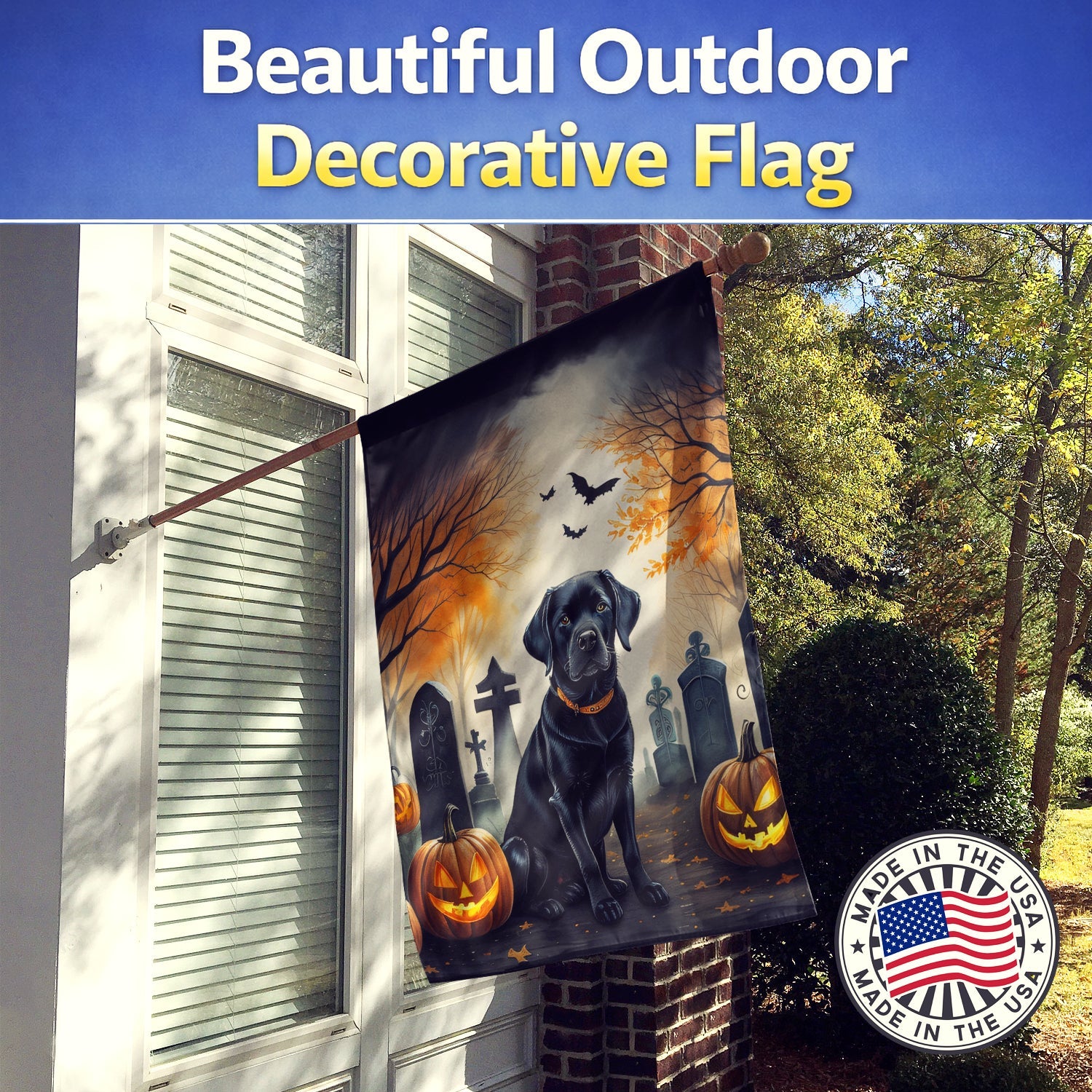 Black Labrador Retriever Spooky Halloween House Flag 28x40 Porch Sleeve Pole Decorative Outside Yard Banner Artwork Wall Hanging, Polyester