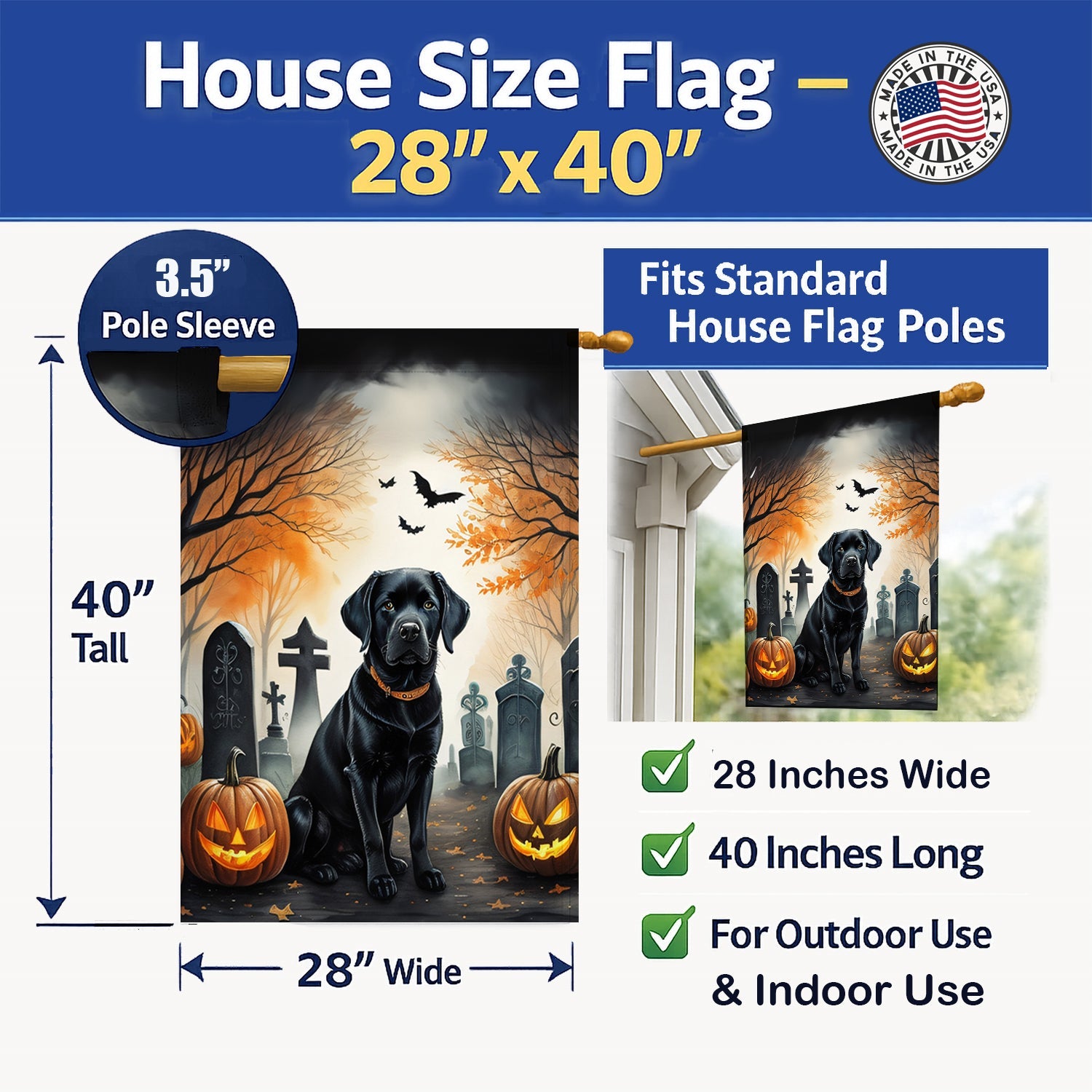 Black Labrador Retriever Spooky Halloween House Flag 28x40 Porch Sleeve Pole Decorative Outside Yard Banner Artwork Wall Hanging, Polyester
