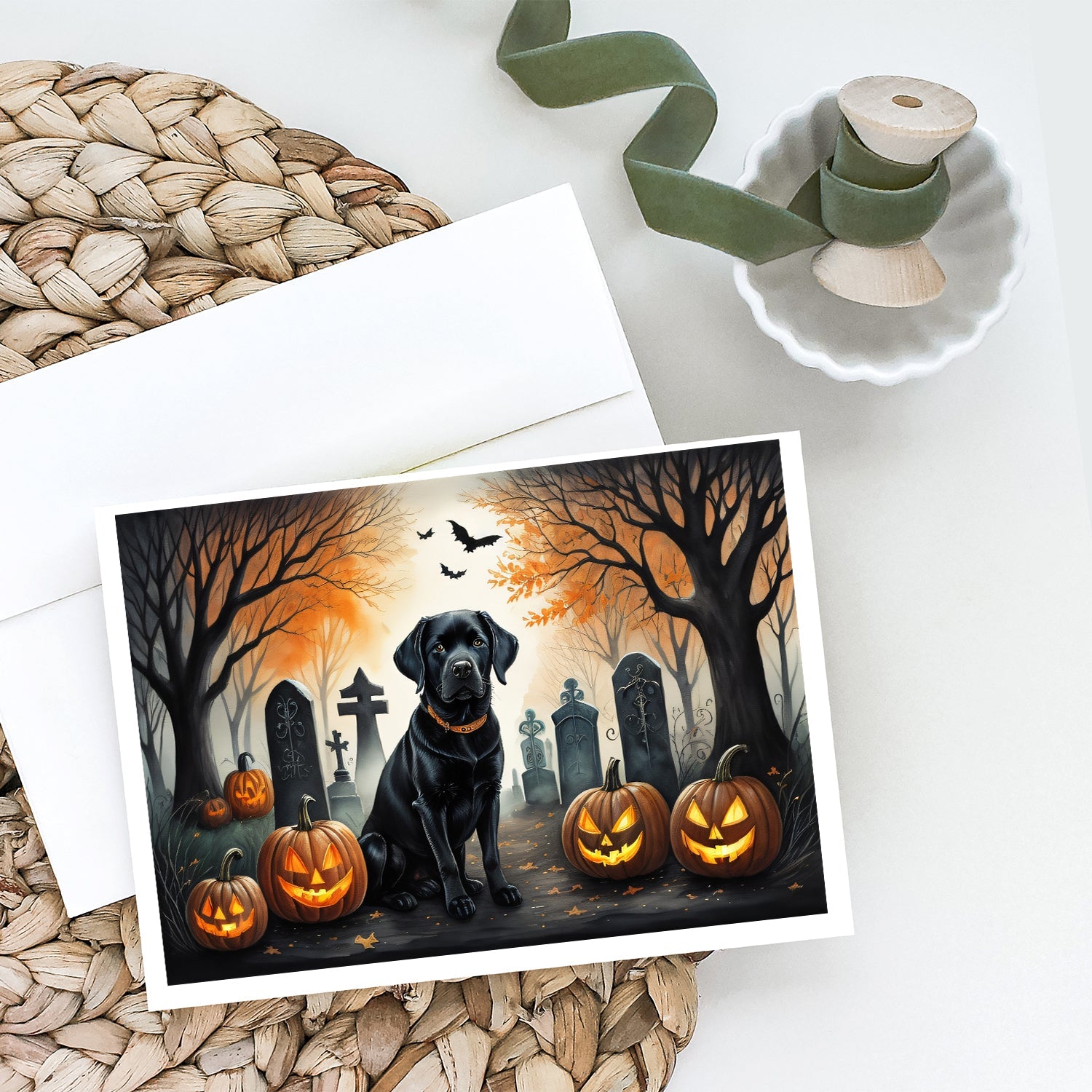 Black Labrador Retriever Spooky Halloween Greeting Cards Pack of 8 Blank Cards with Envelopes Whimsical A7 Size 5x7