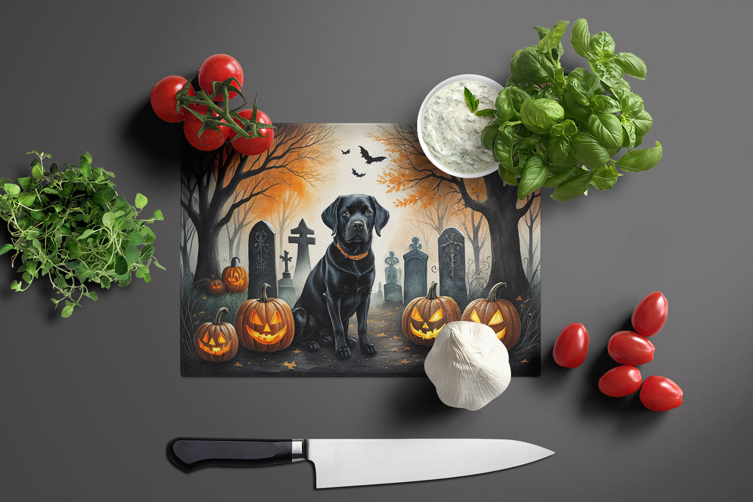 Black Labrador Retriever Spooky Halloween Cutting Board Tempered Glass Kitchen Cutting Surface, Heat Resistant Chopping, Non-Slip Feet, Food Prep & Serving