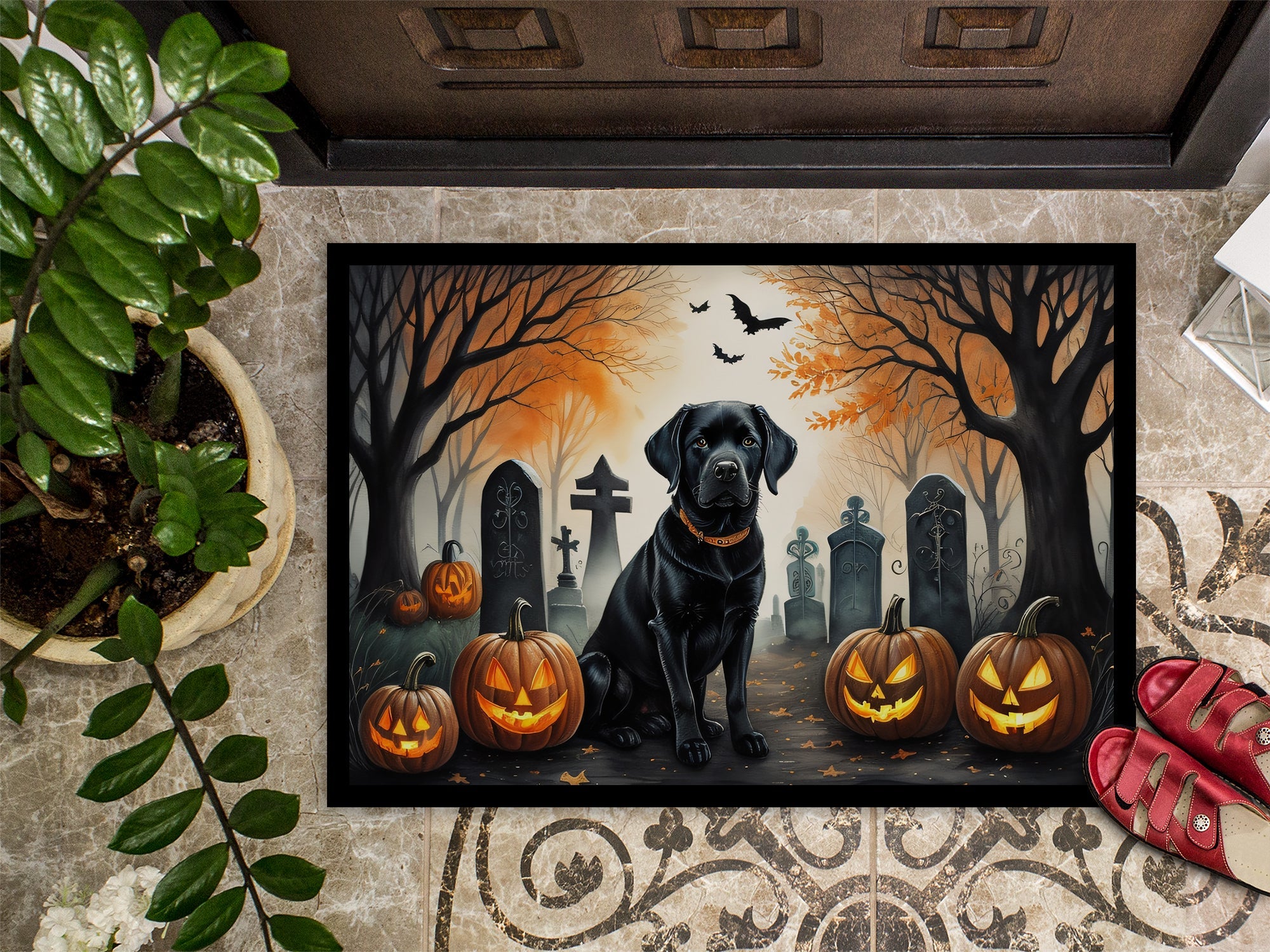 Black Labrador Retriever Spooky Halloween Doormat Indoor Outdoor 18H X 27W Front Door Mat Rugs for Entryway, Non Slip Washable