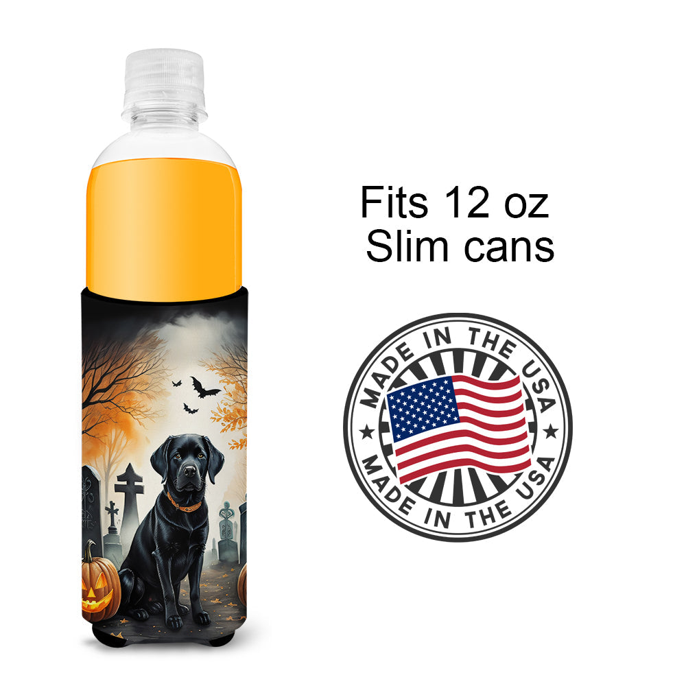 Black Labrador Retriever Spooky Halloween Slim Can Hugger , Insulated Foam Hugger for 12 oz Slim Cans, Beer Bottles & Water Bottles, Printed in USA