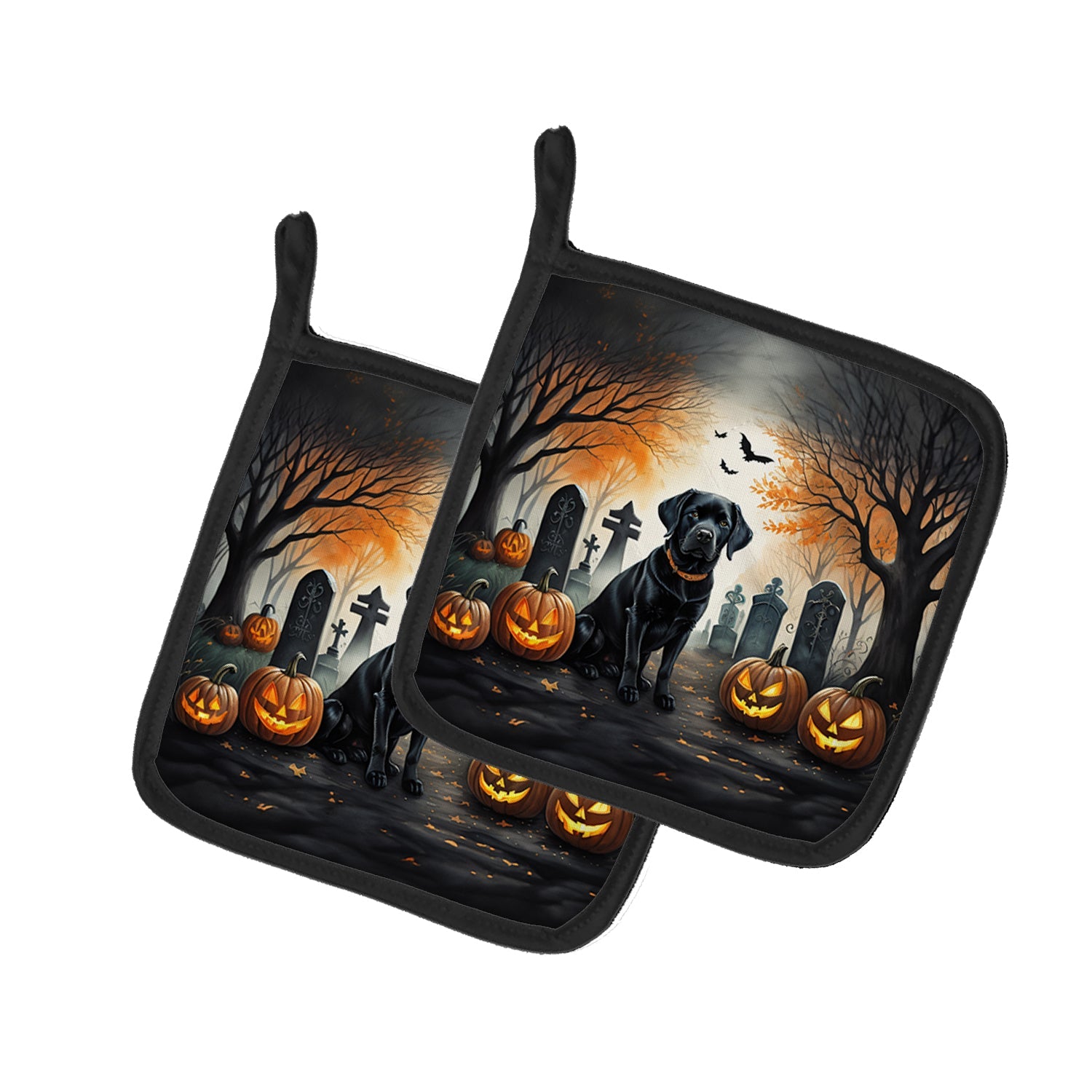 Black Labrador Retriever Spooky Halloween Pot Holder Set of 2 Heat Resistant Quilted Hot Pads 7.5 x 7.5 Inch, Insulated Kitchen Trivets for Cooking & Baking