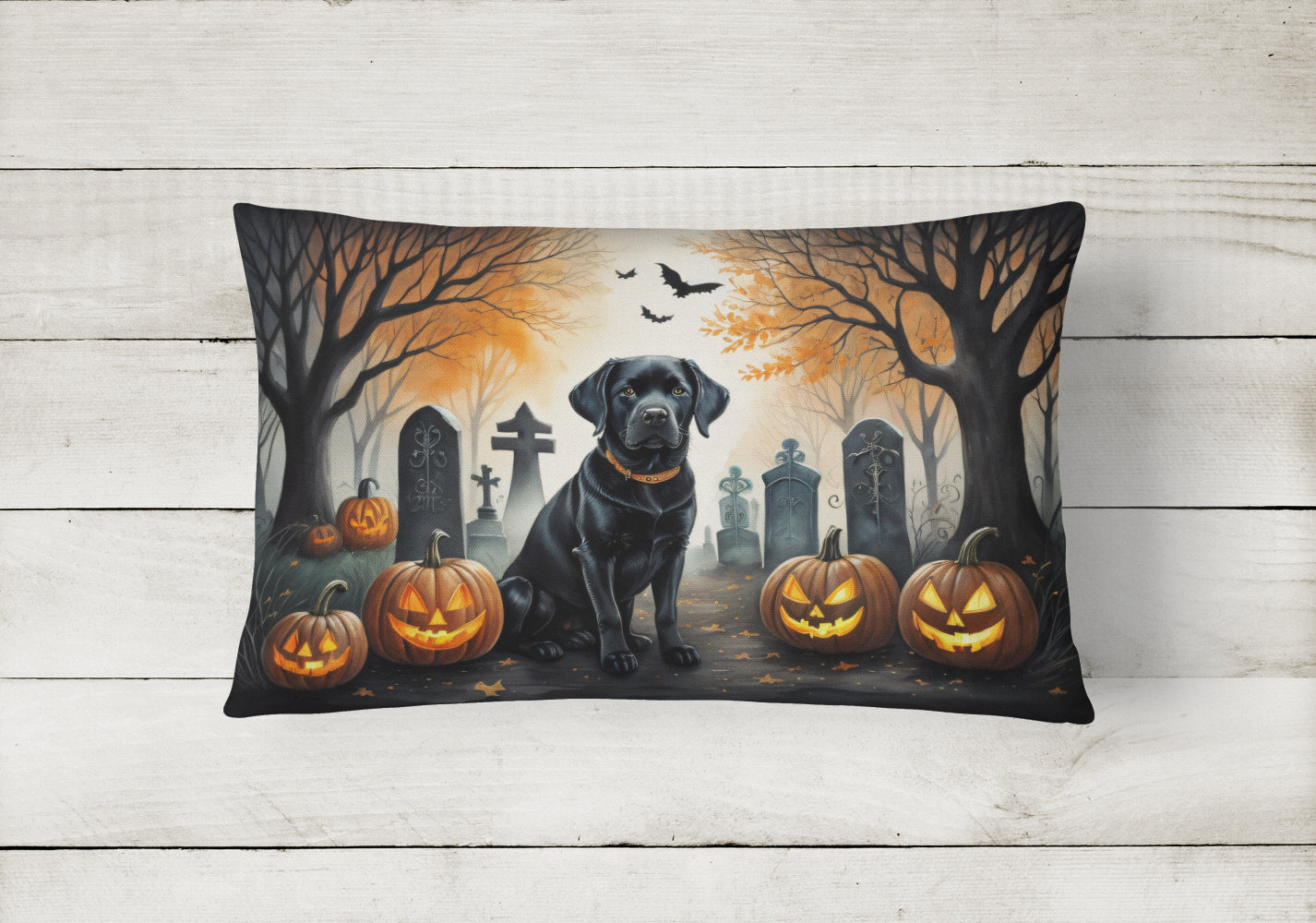 Black Labrador Retriever Spooky Halloween Decorative Throw Pillow 12x16 Indoor Outdoor Accent Cushion, Fabric Cover with Insert for Sofa, Bed, Porch & Living Room