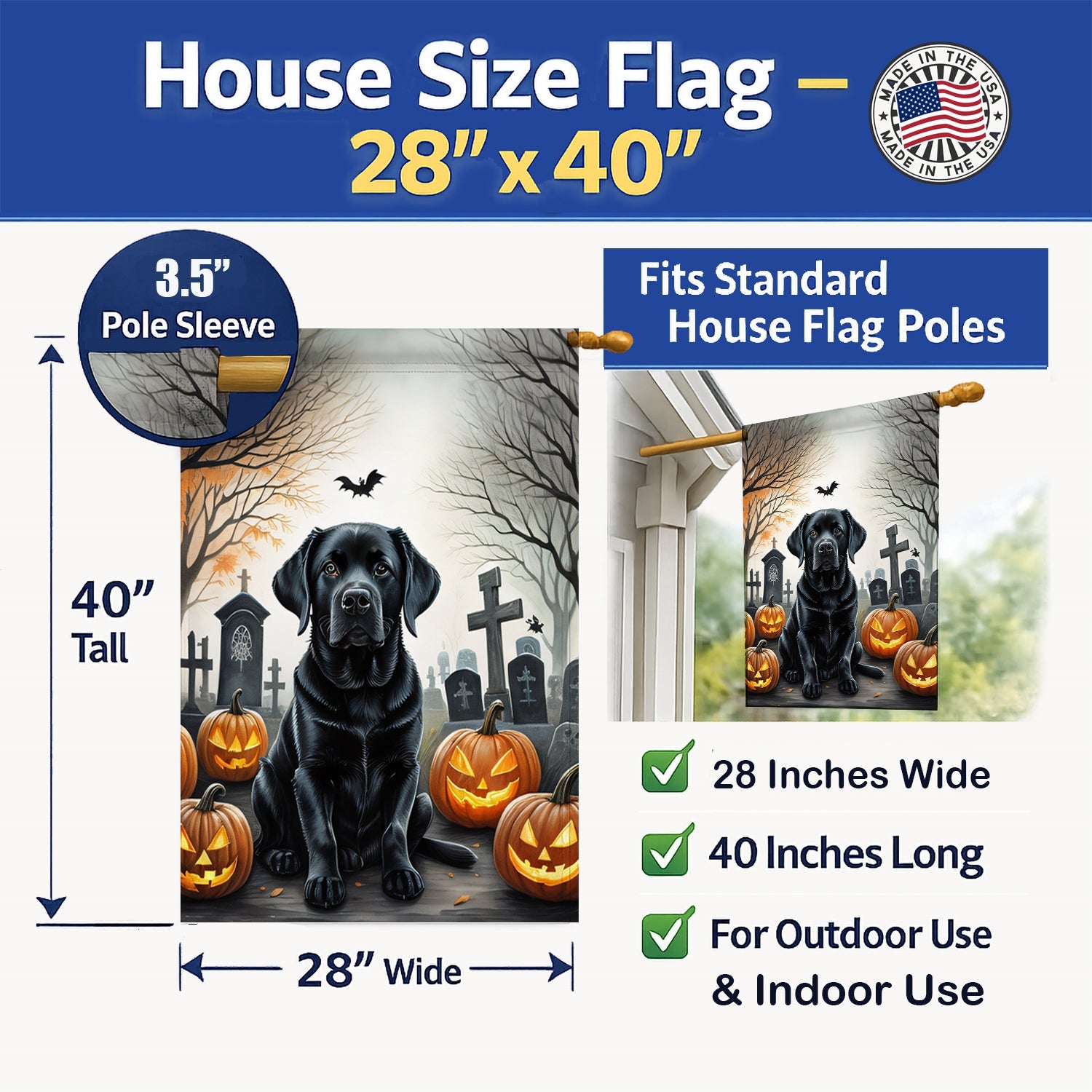 Black Labrador Retriever Spooky Halloween House Flag 28x40 Porch Sleeve Pole Decorative Outside Yard Banner Artwork Wall Hanging, Polyester