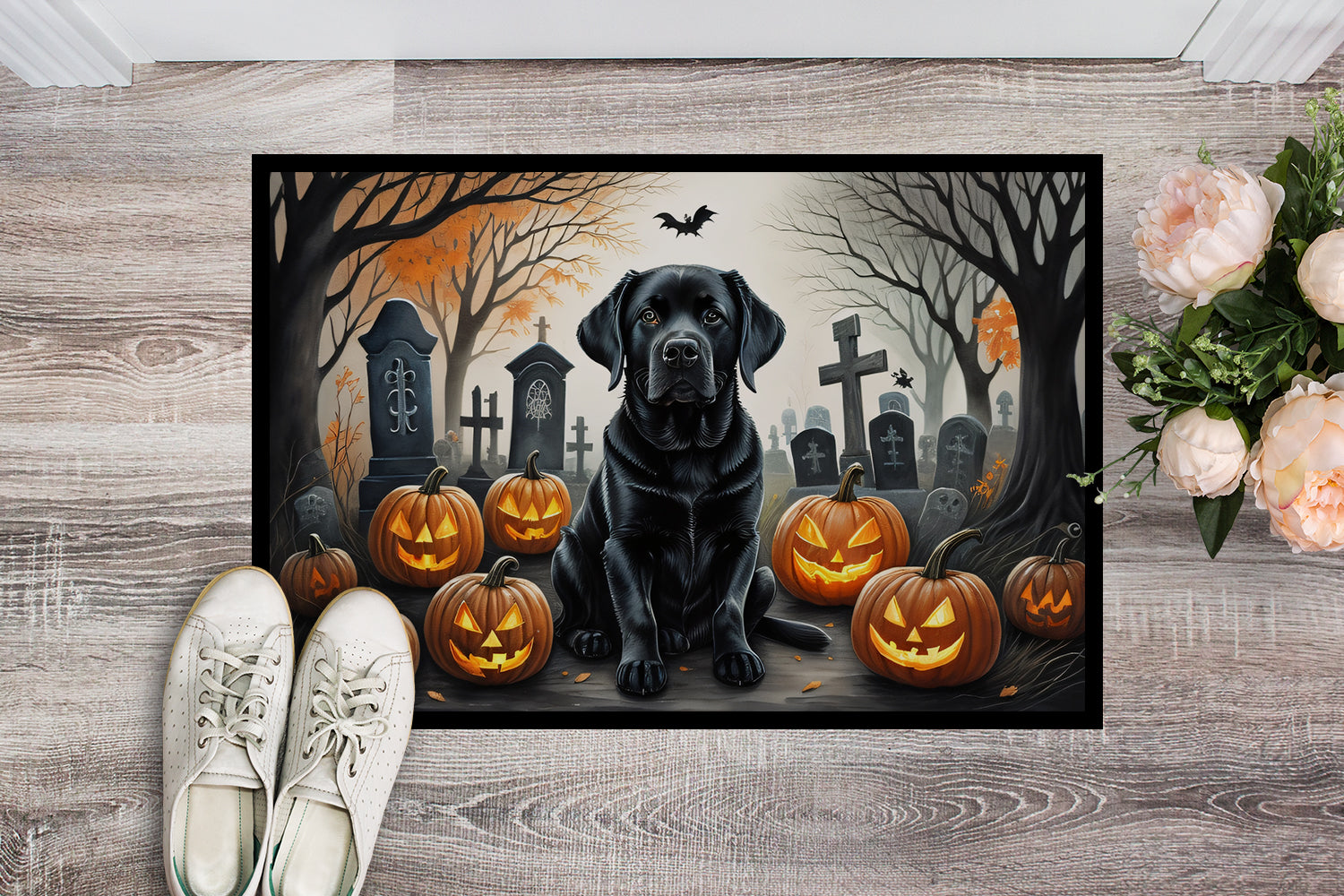 Black Labrador Retriever Spooky Halloween Doormat Indoor Outdoor 24H X 36W Front Door Mat Rugs for Entryway, Non Slip Washable Low Pile,