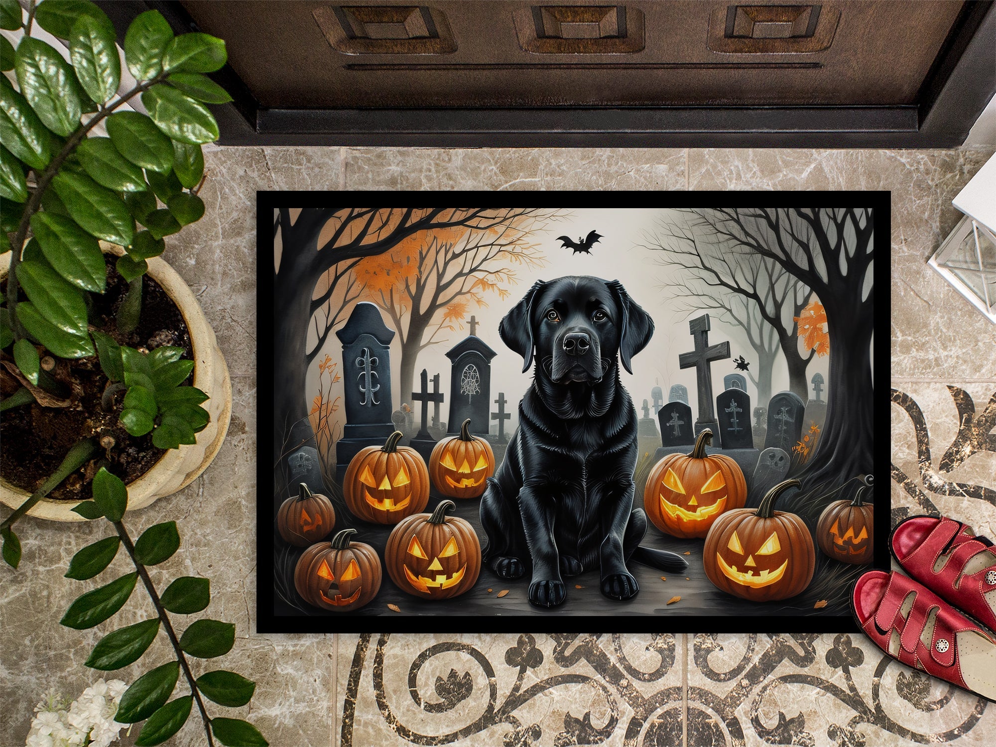 Black Labrador Retriever Spooky Halloween Doormat Indoor Outdoor 24H X 36W Front Door Mat Rugs for Entryway, Non Slip Washable Low Pile,