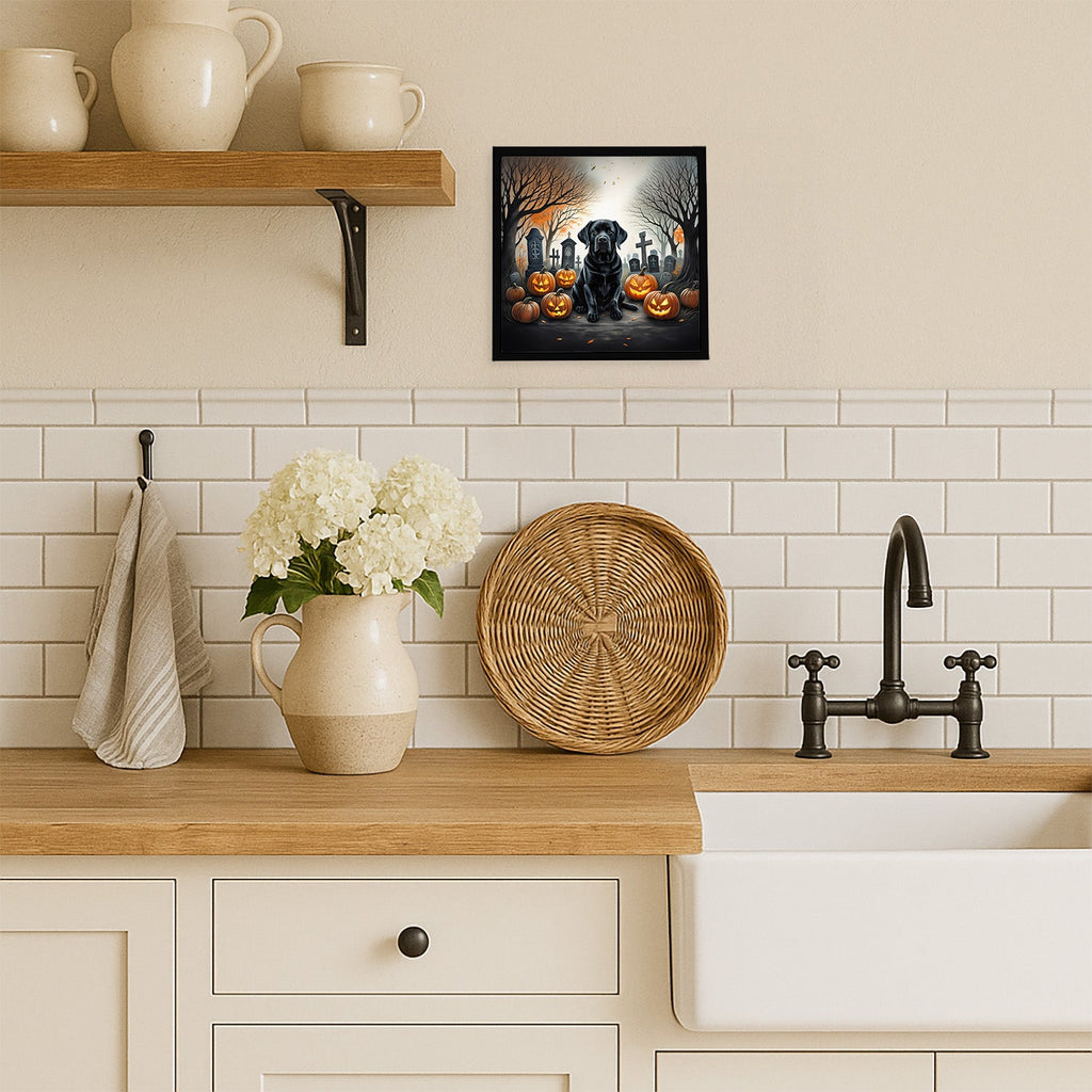 Black Labrador Retriever Spooky Halloween Framed Metal Print Bathroom, Kitchen, Office, Home Decor Wall Art Ready to Hang, Square, 8X8
