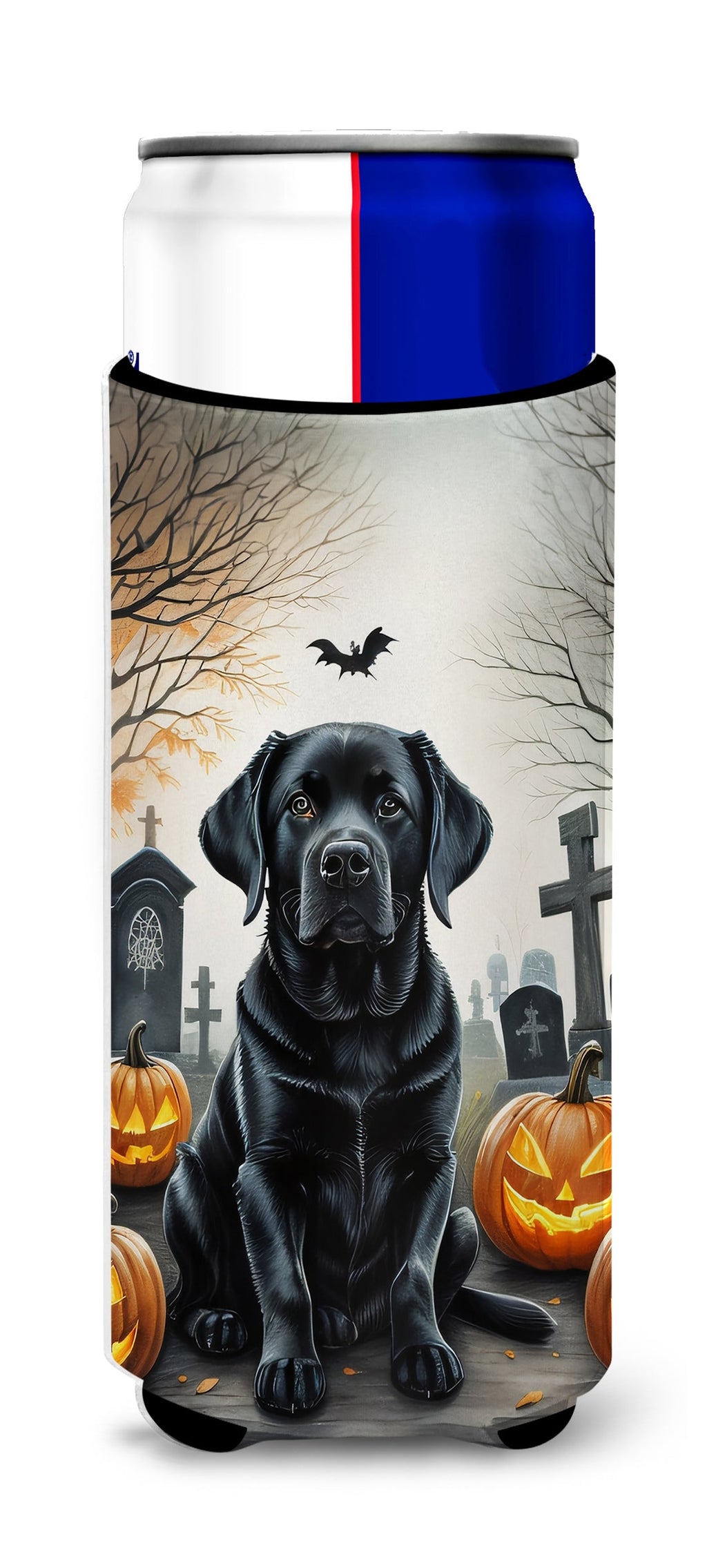 Black Labrador Retriever Spooky Halloween Slim Can Hugger , Insulated Foam Hugger for 12 oz Slim Cans, Beer Bottles & Water Bottles, Printed in USA