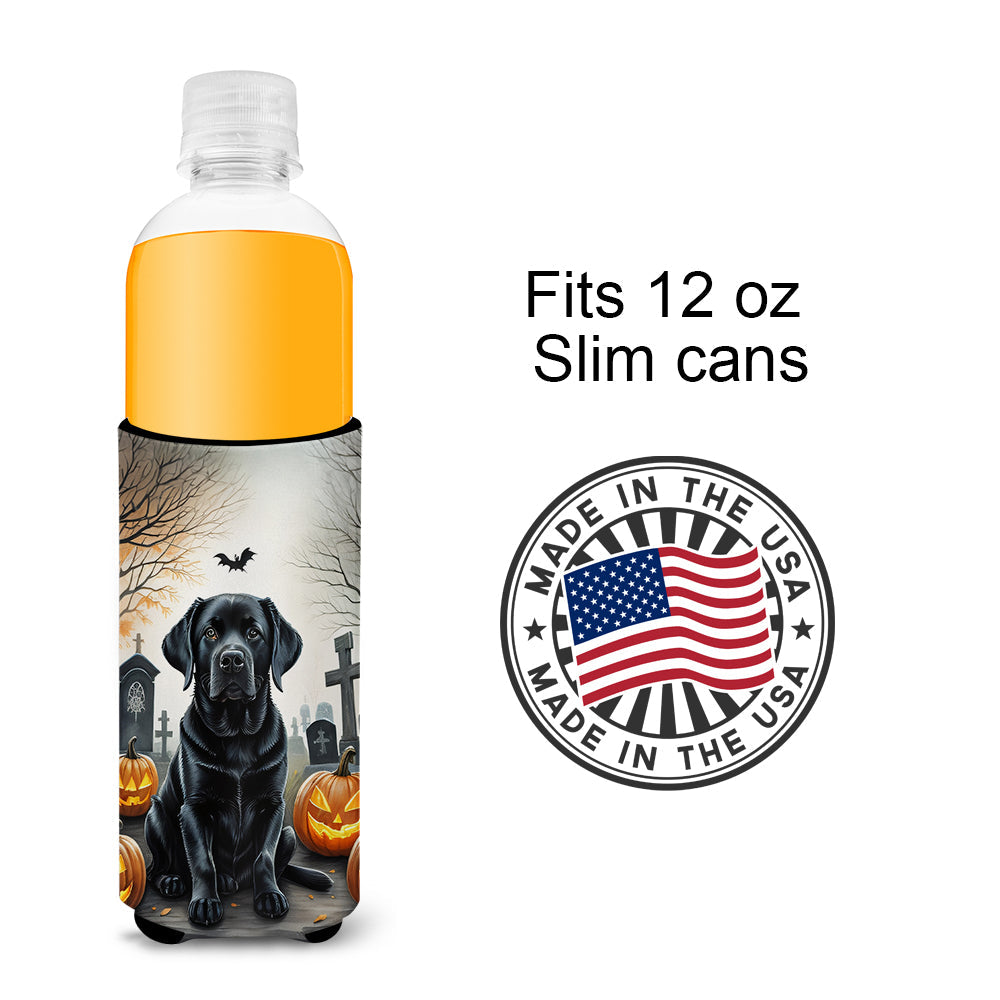 Black Labrador Retriever Spooky Halloween Slim Can Hugger , Insulated Foam Hugger for 12 oz Slim Cans, Beer Bottles & Water Bottles, Printed in USA