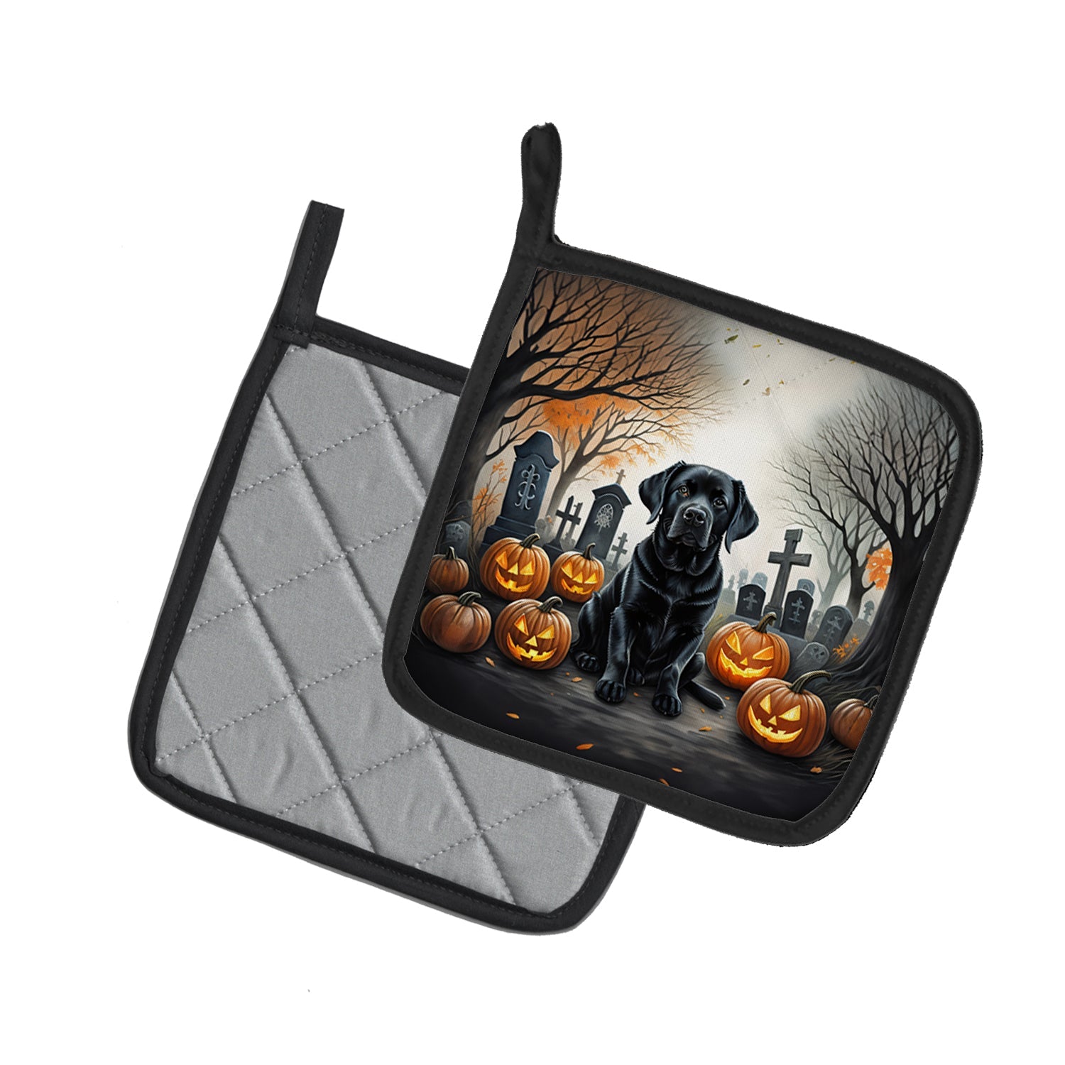 Black Labrador Retriever Spooky Halloween Pot Holder Set of 2 Heat Resistant Quilted Hot Pads 7.5 x 7.5 Inch, Insulated Kitchen Trivets for Cooking & Baking