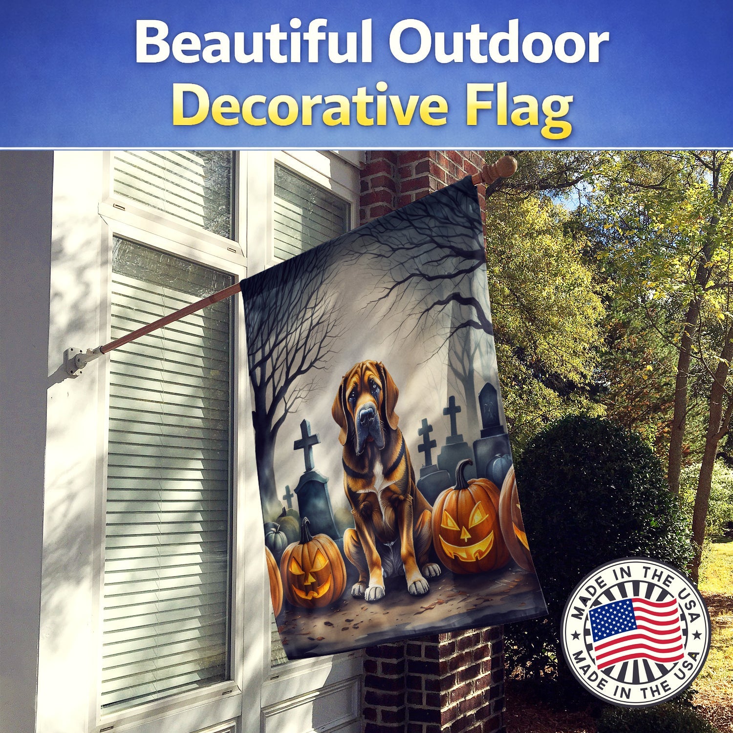 Bloodhound Spooky Halloween House Flag 28x40 Porch Sleeve Pole Decorative Outside Yard Banner Artwork Wall Hanging, Polyester