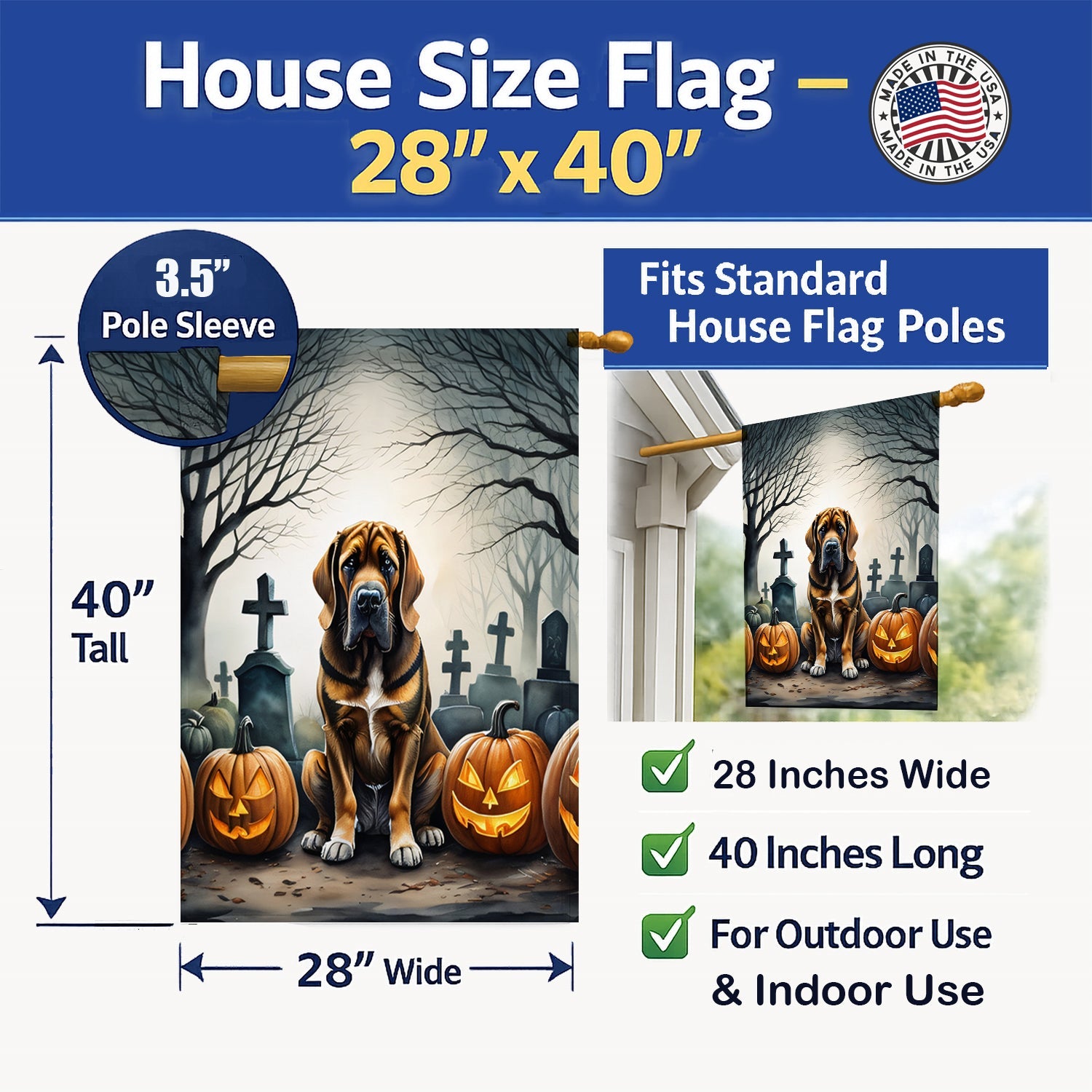 Bloodhound Spooky Halloween House Flag 28x40 Porch Sleeve Pole Decorative Outside Yard Banner Artwork Wall Hanging, Polyester