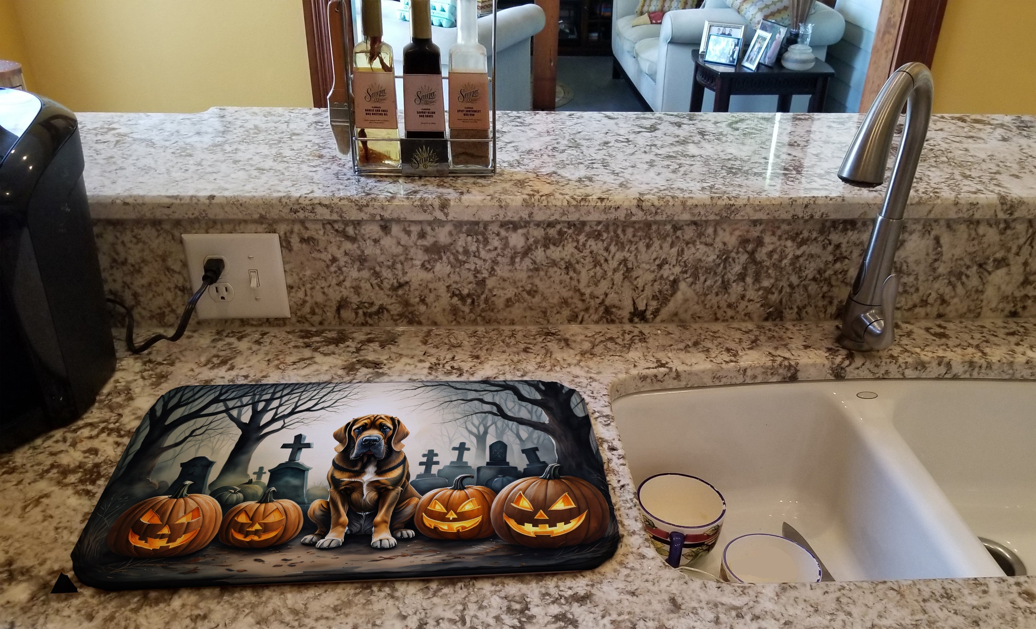 Bloodhound Spooky Halloween Dish Drying Mat Absorbent Dish Drying Mat Pad for Kitchen Counter Dish Drainer Mat for Countertop, 14 x 21", Multicolor