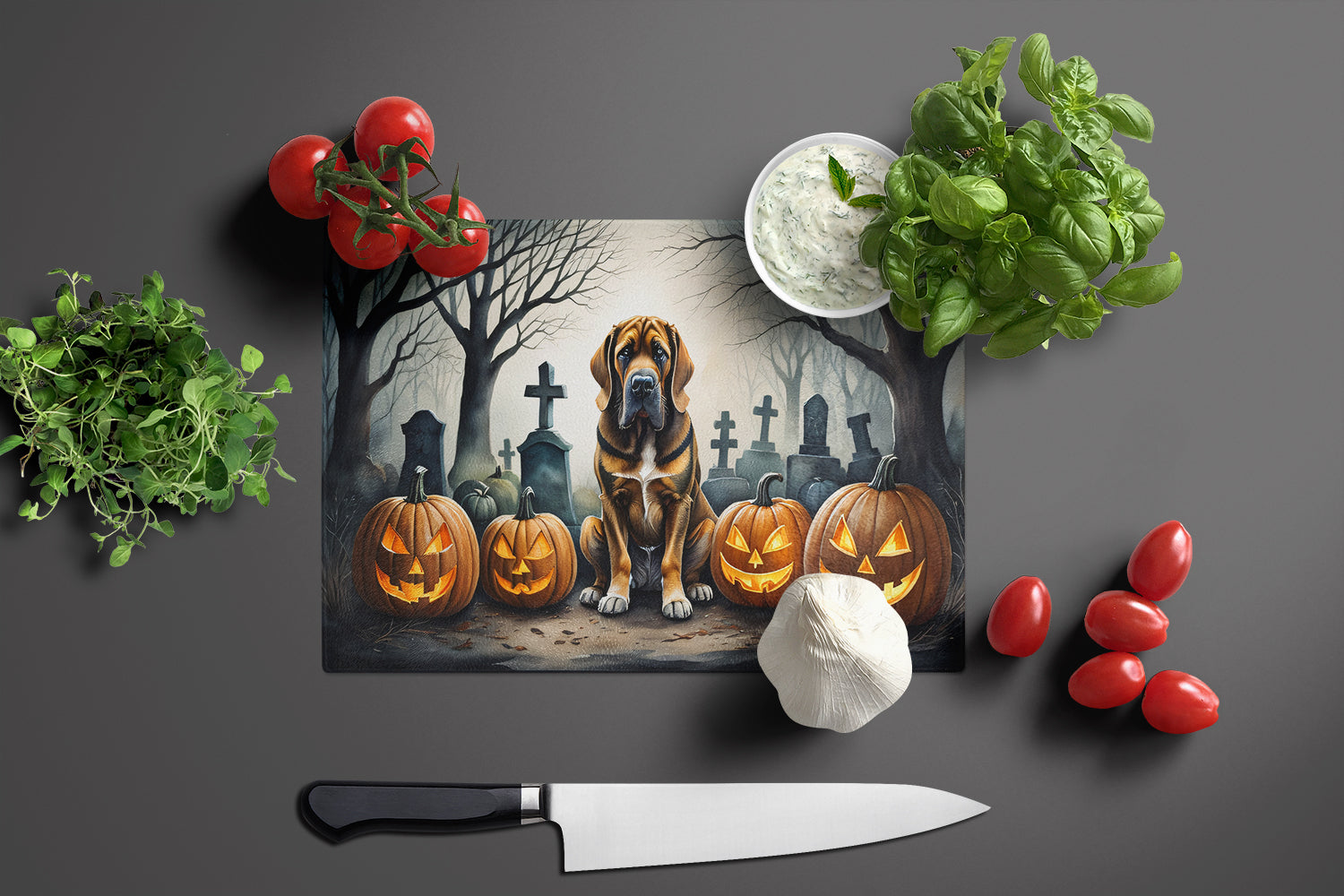 Bloodhound Spooky Halloween Cutting Board Tempered Glass Kitchen Cutting Surface, Heat Resistant Chopping, Non-Slip Feet, Food Prep & Serving