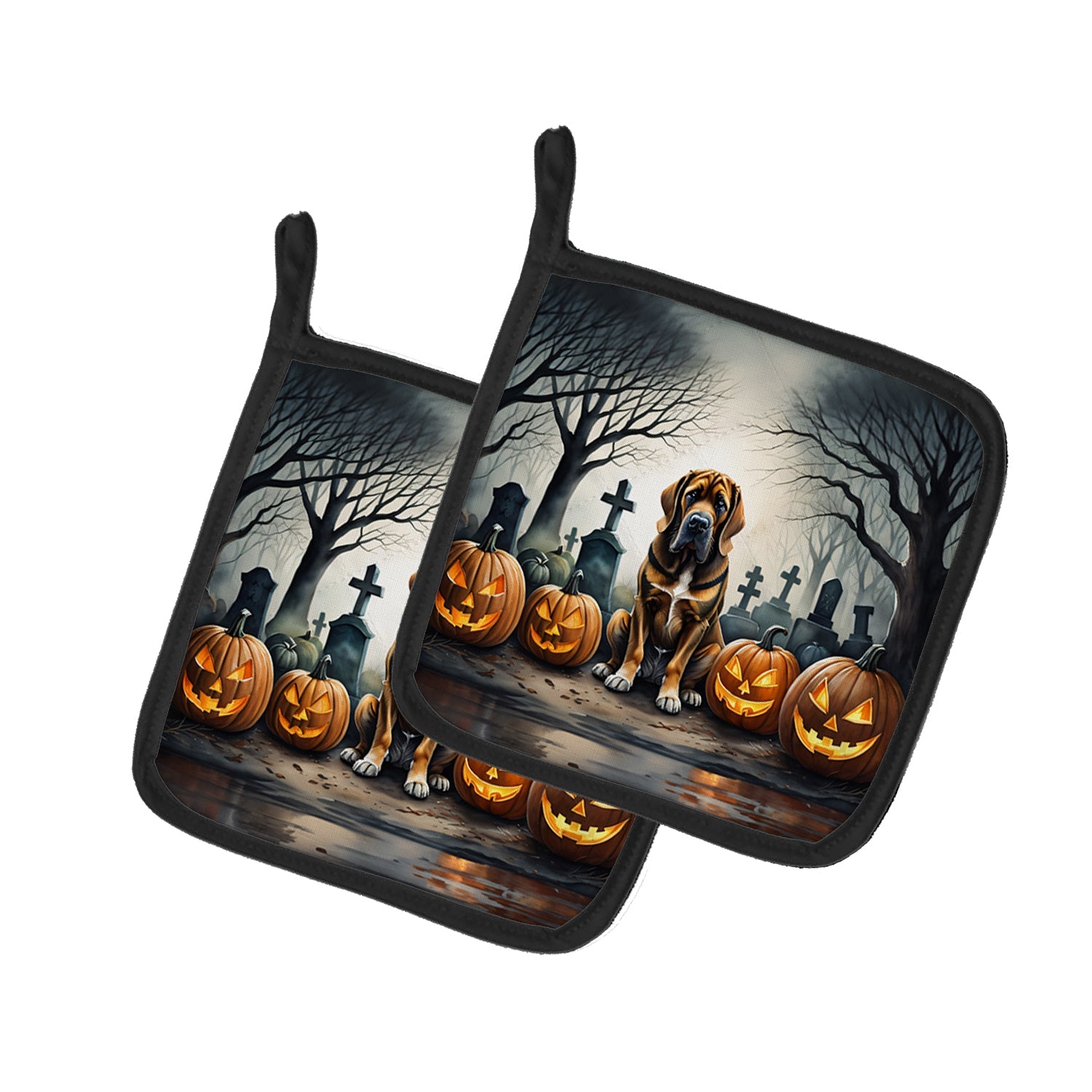 Bloodhound Spooky Halloween Pot Holder Set of 2 Heat Resistant Quilted Hot Pads 7.5 x 7.5 Inch, Insulated Kitchen Trivets for Cooking & Baking