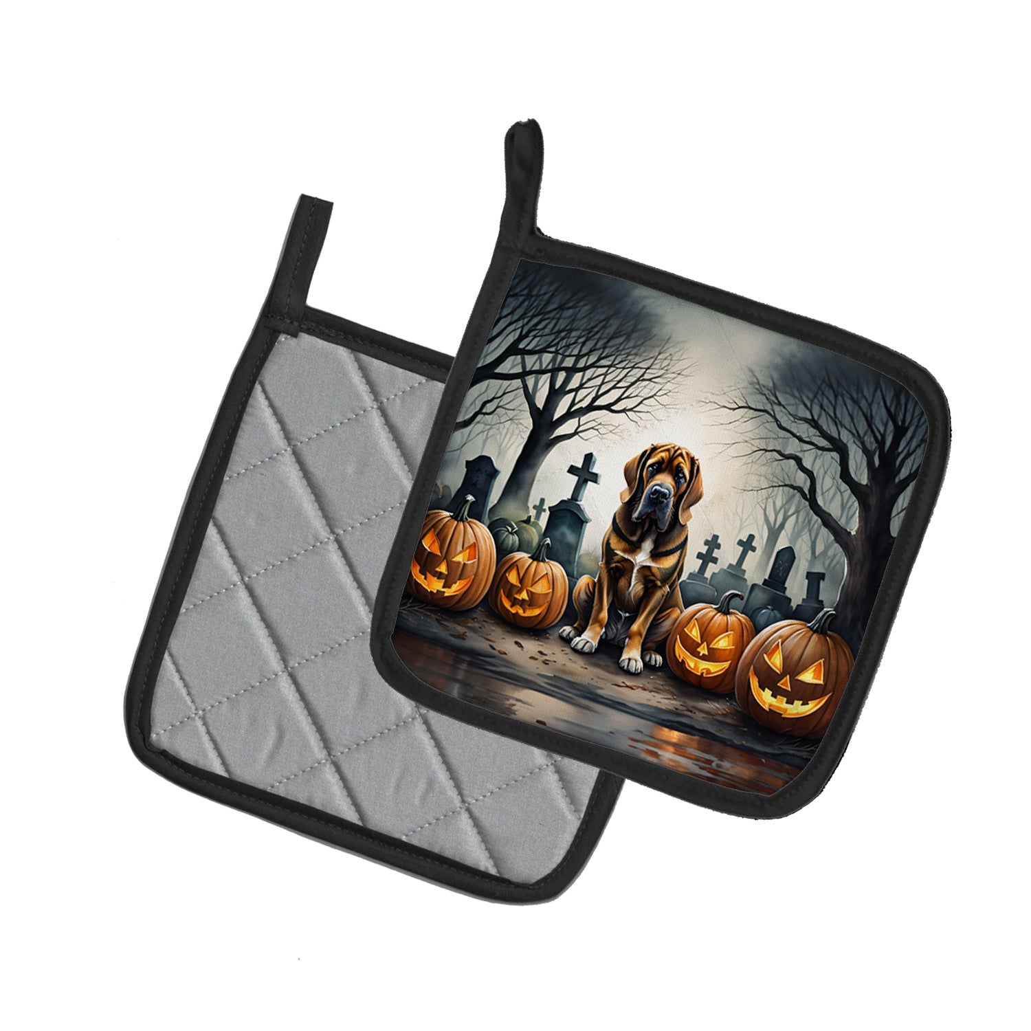 Bloodhound Spooky Halloween Pot Holder Set of 2 Heat Resistant Quilted Hot Pads 7.5 x 7.5 Inch, Insulated Kitchen Trivets for Cooking & Baking