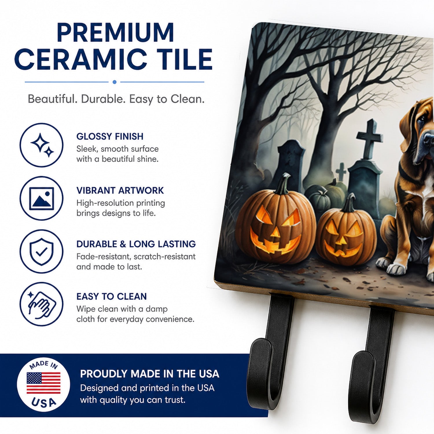 Bloodhound Spooky Halloween Leash or Key Holder Wall Hooks, Coat Rack Wall Mount, for Hanging Keys, Towels, Aprons, Leashes