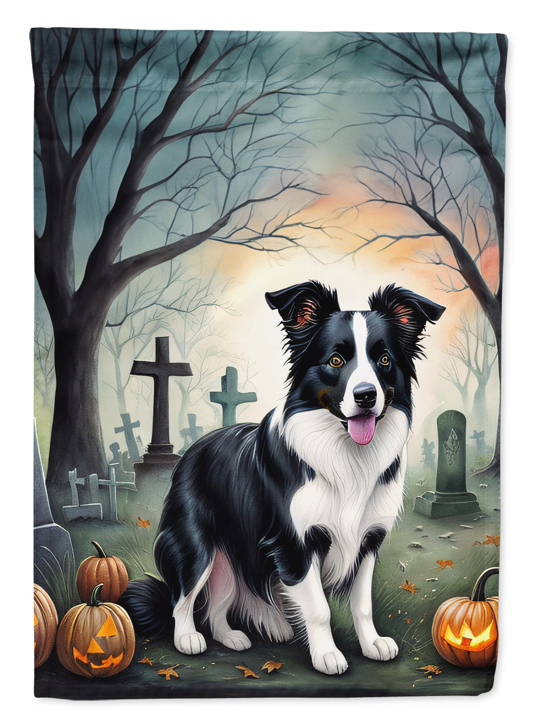 Border Collie Spooky Halloween House Flag 28x40 Porch Sleeve Pole Decorative Outside Yard Banner Artwork Wall Hanging, Polyester