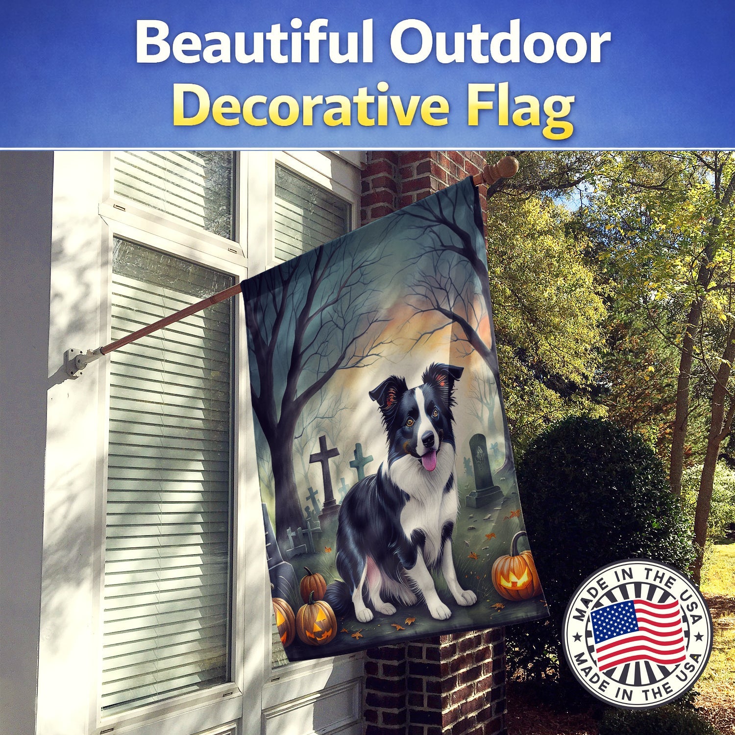 Border Collie Spooky Halloween House Flag 28x40 Porch Sleeve Pole Decorative Outside Yard Banner Artwork Wall Hanging, Polyester