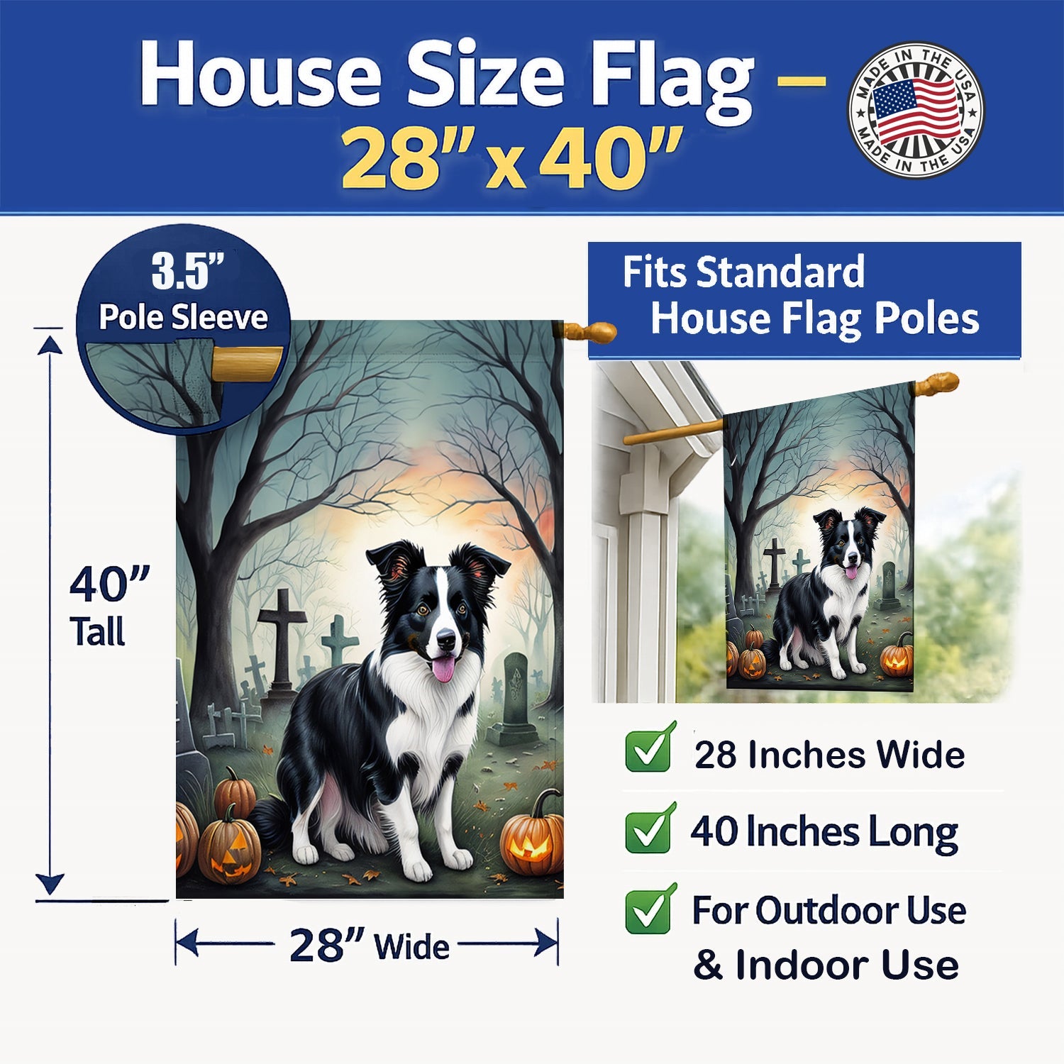 Border Collie Spooky Halloween House Flag 28x40 Porch Sleeve Pole Decorative Outside Yard Banner Artwork Wall Hanging, Polyester