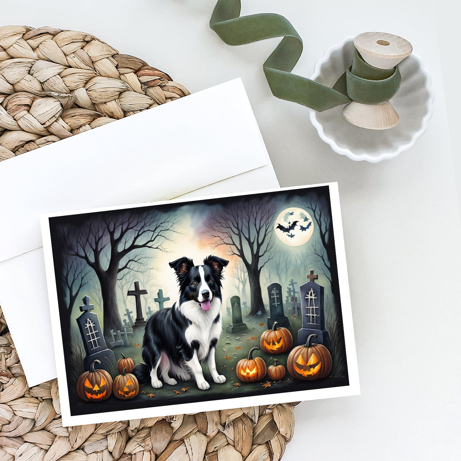 Border Collie Spooky Halloween Greeting Cards Pack of 8 Blank Cards with Envelopes Whimsical A7 Size 5x7