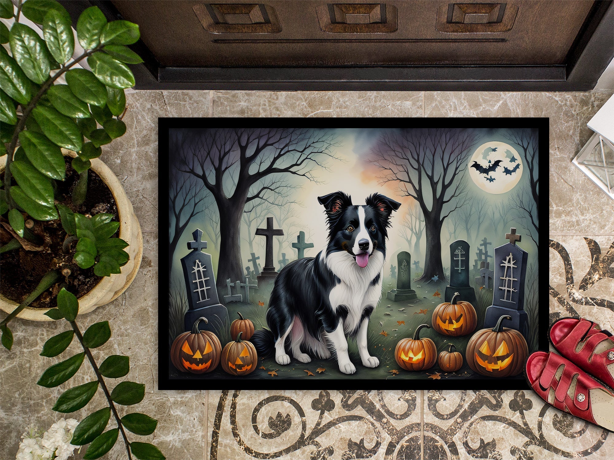 Border Collie Spooky Halloween Doormat Indoor Outdoor 24H X 36W Front Door Mat Rugs for Entryway, Non Slip Washable Low Pile,