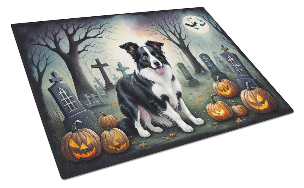 Border Collie Spooky Halloween Cutting Board Tempered Glass Kitchen Cutting Surface, Heat Resistant Chopping, Non-Slip Feet, Food Prep & Serving