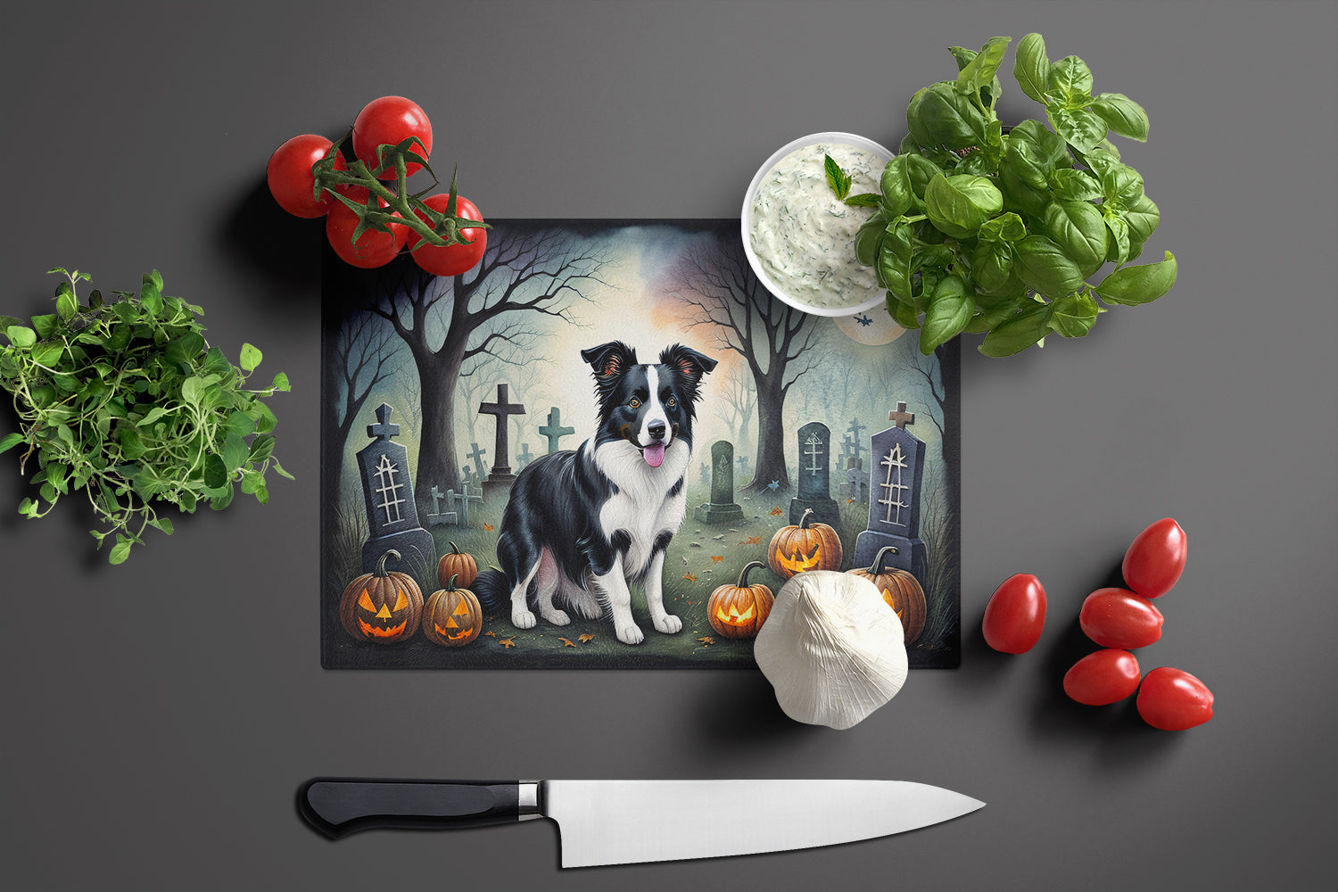 Border Collie Spooky Halloween Cutting Board Tempered Glass Kitchen Cutting Surface, Heat Resistant Chopping, Non-Slip Feet, Food Prep & Serving