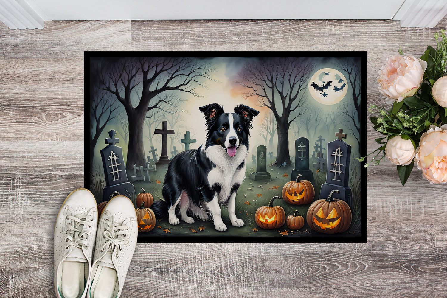 Border Collie Spooky Halloween Doormat Indoor Outdoor 18H X 27W Front Door Mat Rugs for Entryway, Non Slip Washable